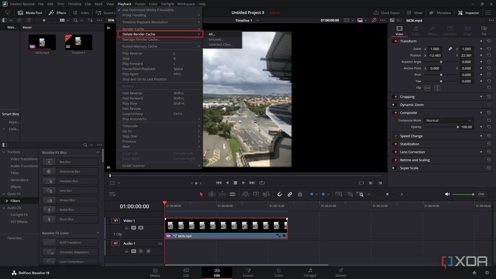 Menu Delete Render Cache trong DaVinci Resolve để giải phóng dung lượng ổ đĩa.