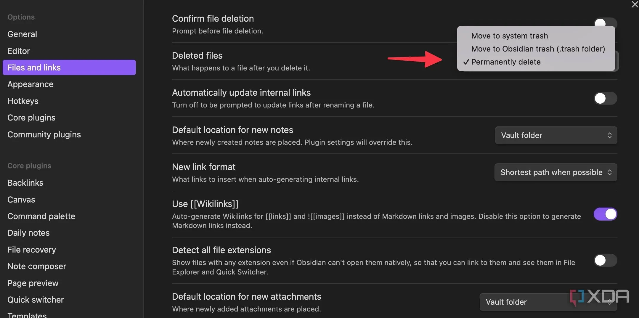 Menu 'Deleted files' trong cài đặt Files and links của Obsidian, với tùy chọn 'Permanently delete' được chọn