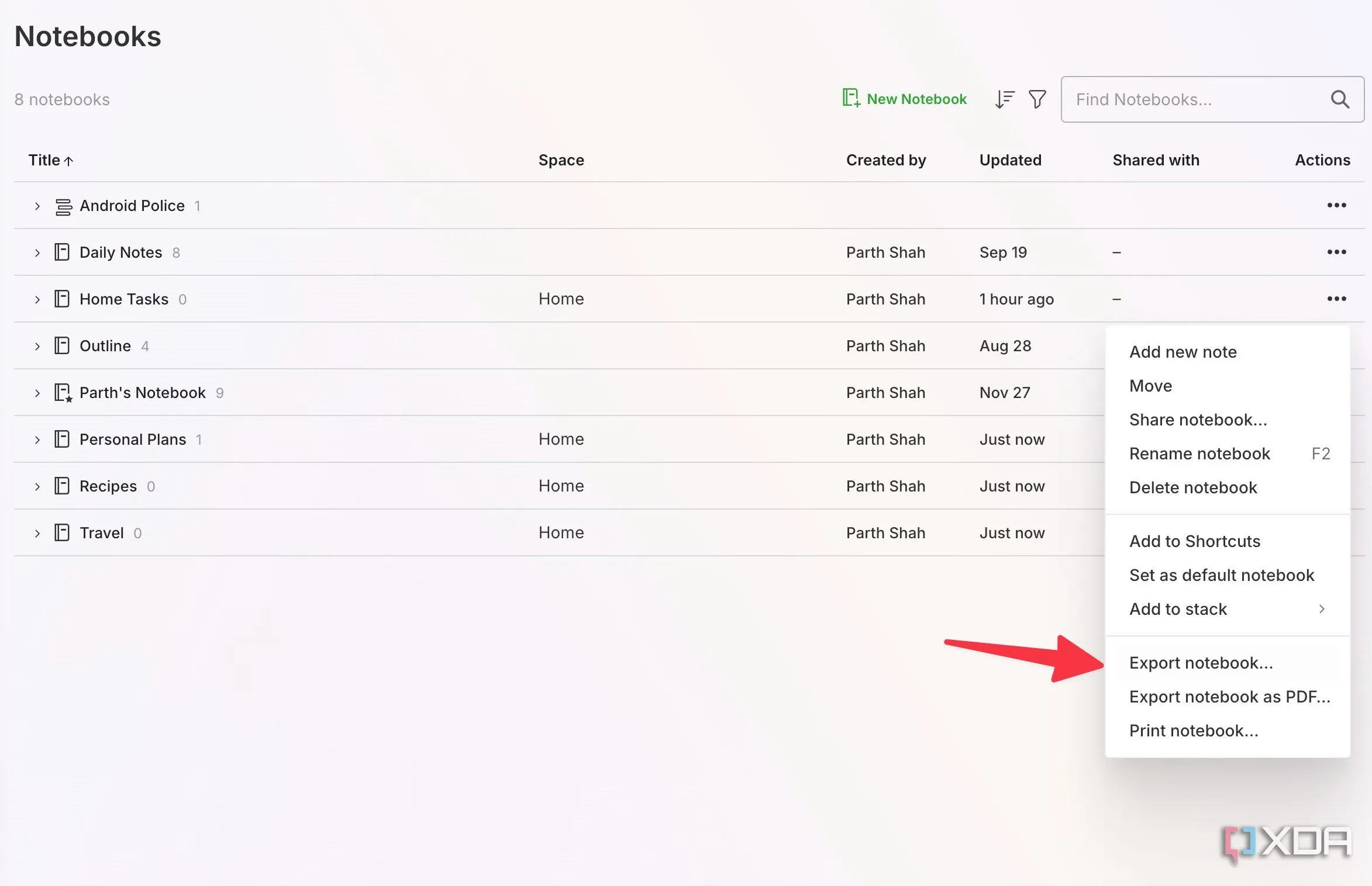 Menu Evernote hiển thị tùy chọn Export notebook cho một sổ tay cụ thể