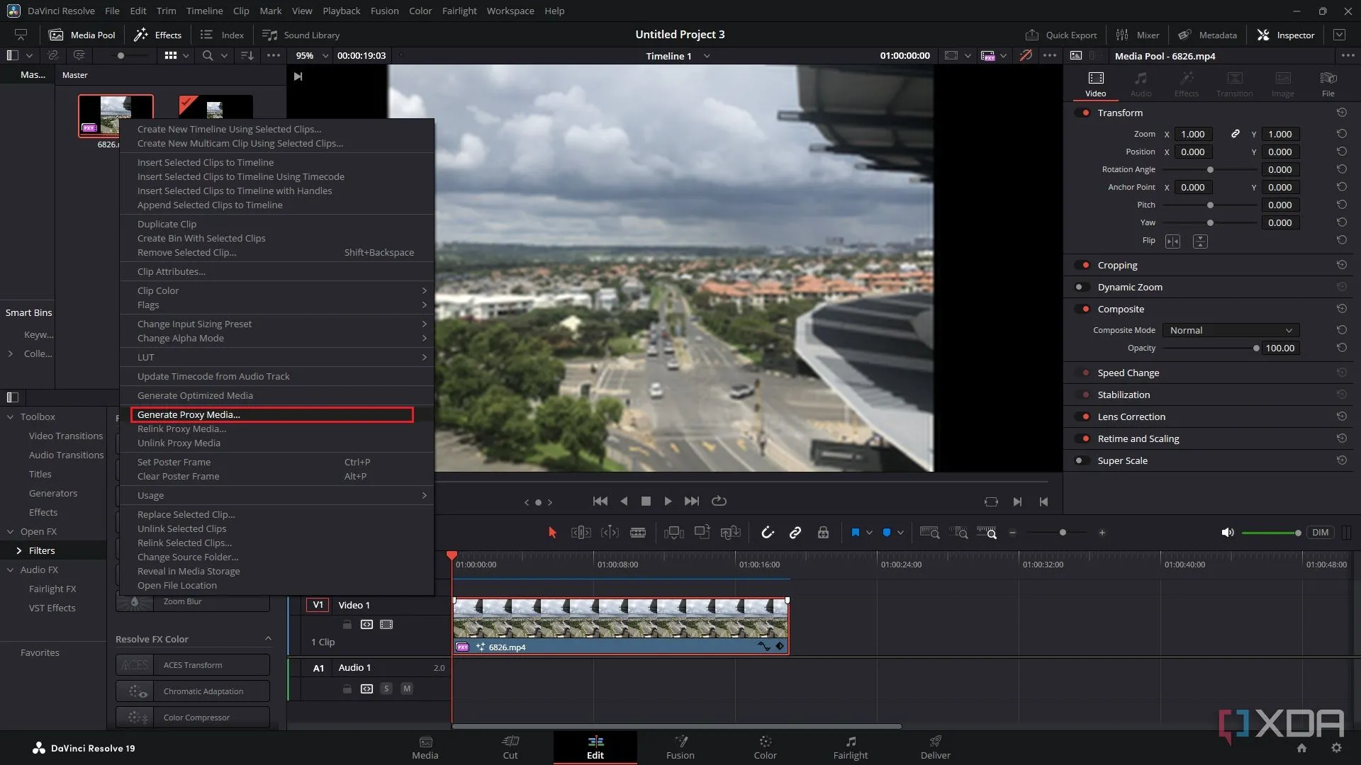 Menu Generate Proxy Media khi chuột phải vào clip trong Media Pool của DaVinci Resolve.