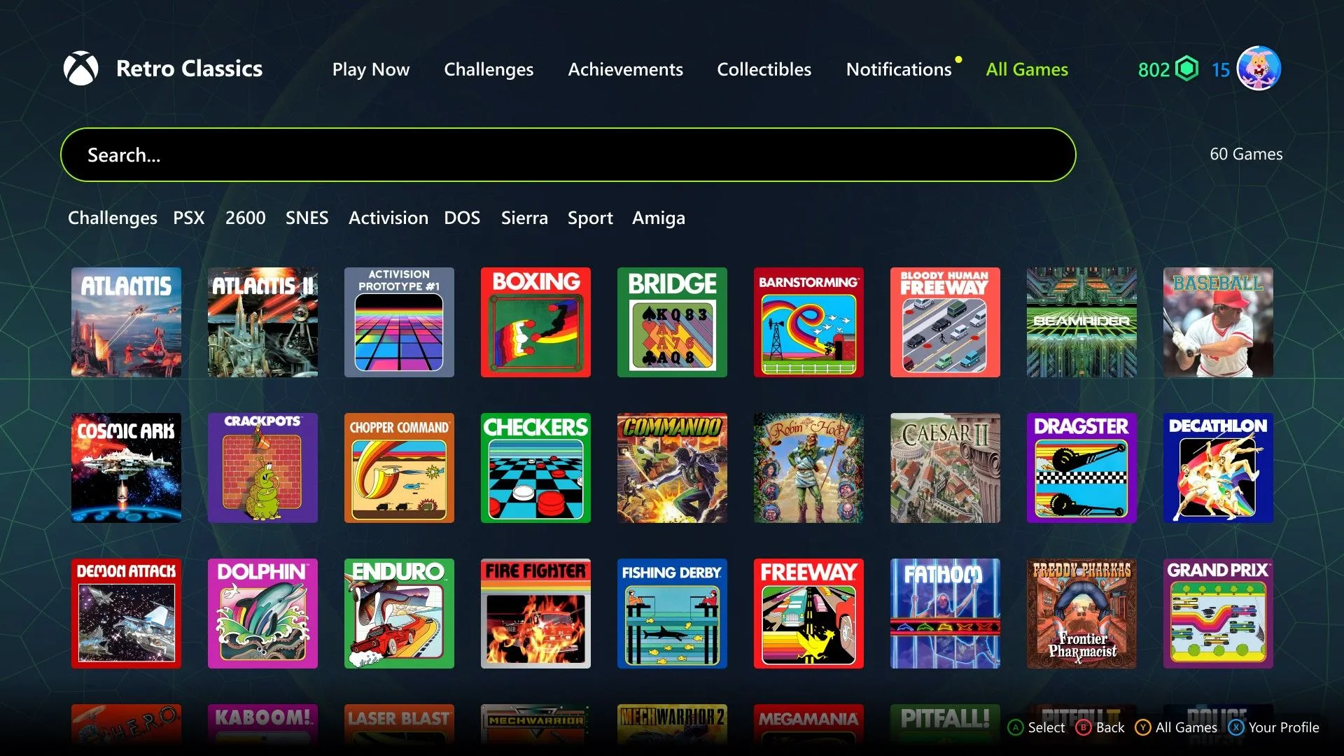 Menu lựa chọn các tựa game cổ điển phong phú trong bộ sưu tập Retro Classics trên Xbox Game Pass