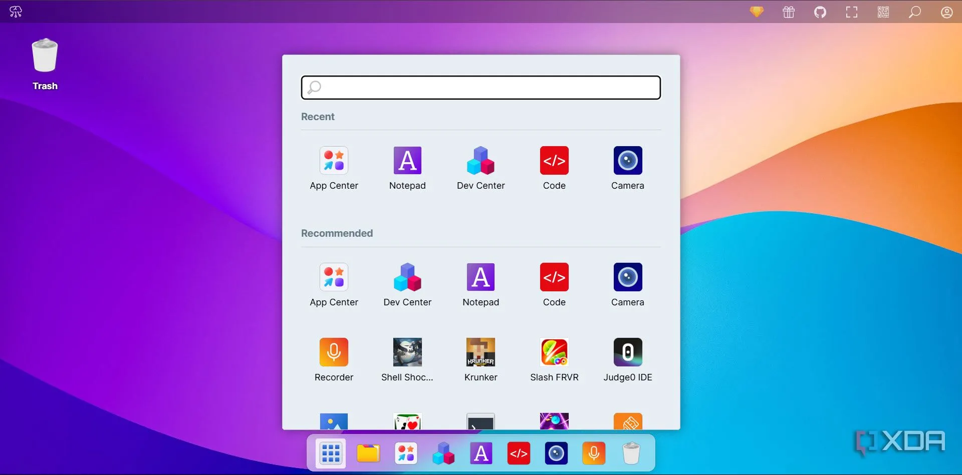 Menu Start của Puter OS với các biểu tượng ứng dụng và tùy chọn hệ thống được bố trí gọn gàng