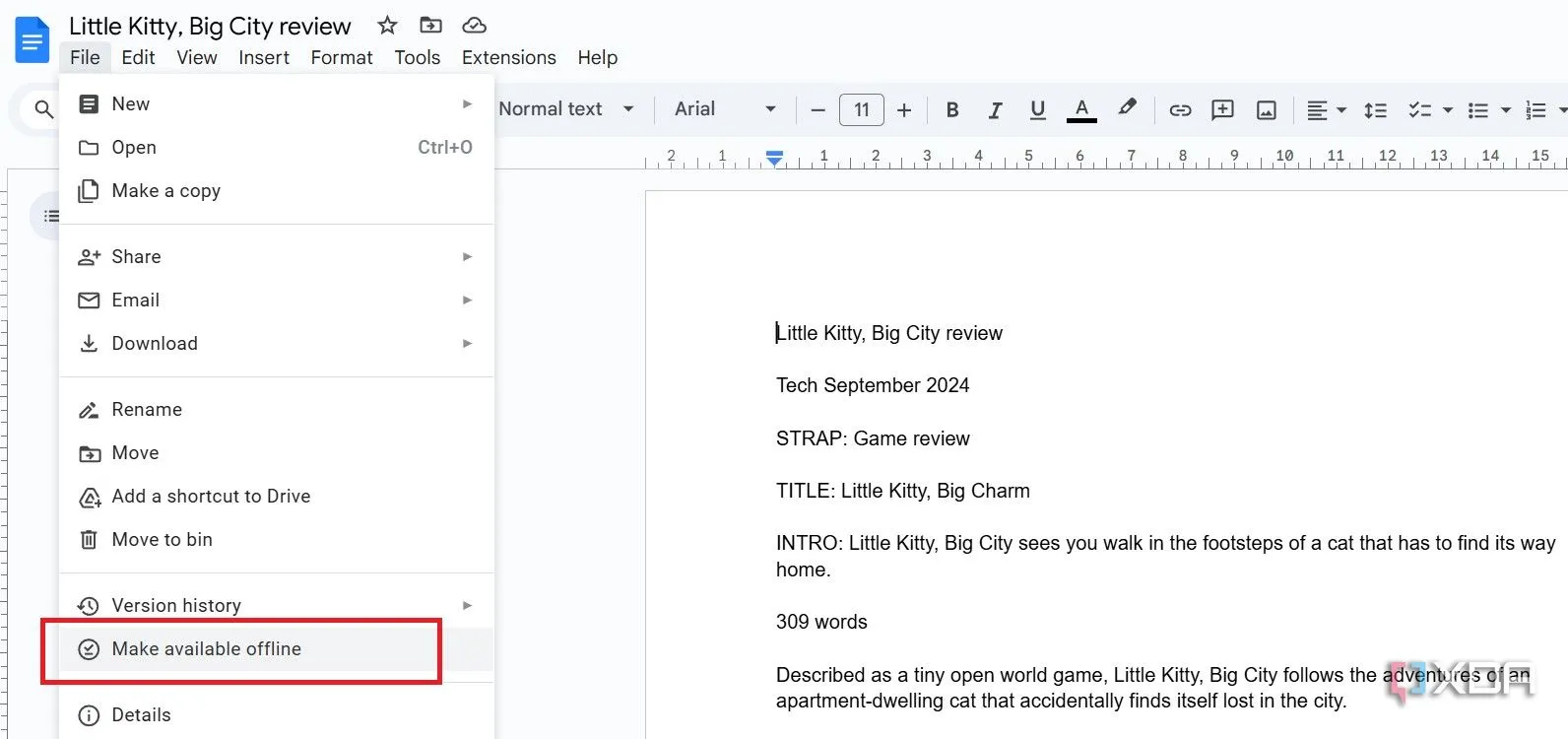 Menu tùy chọn &quot;Make available offline&quot; trong Google Docs để làm việc ngoại tuyến