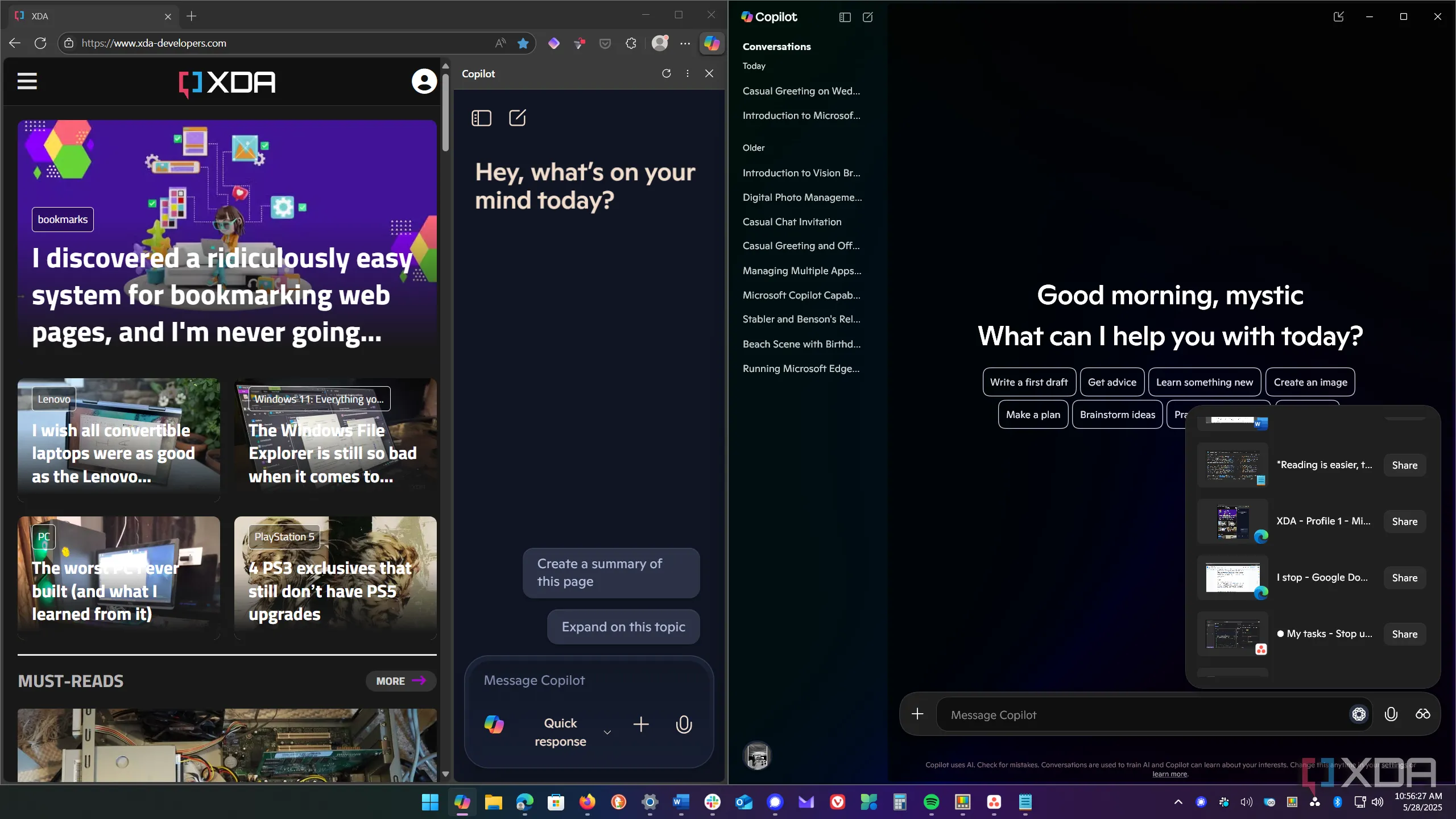 Microsoft Copilot đang hoạt động trong trình duyệt Edge và giao diện hệ thống Windows, cho thấy sự hiện diện rộng khắp của AI này.