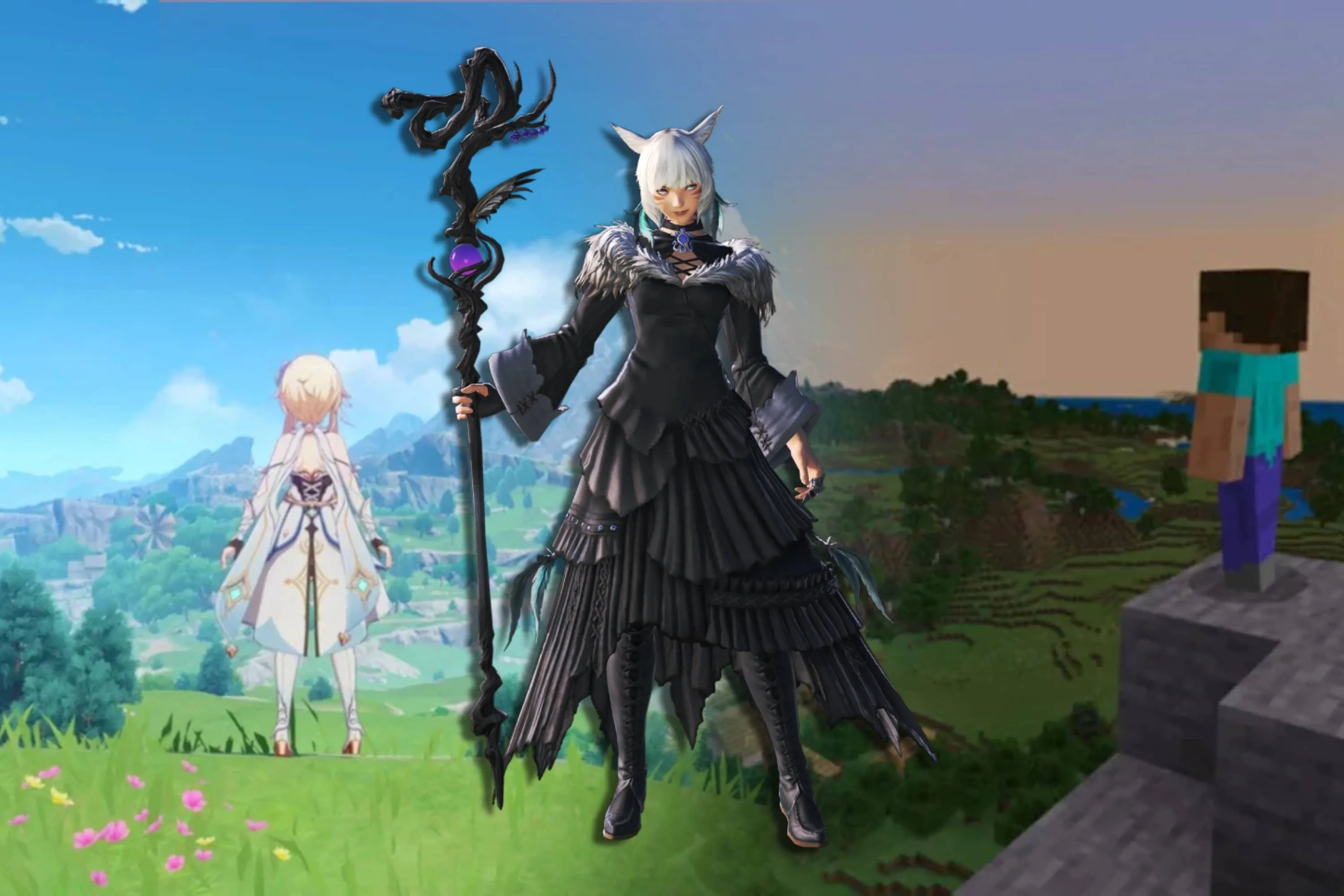 Minh họa các trò chơi tương thích Steam Deck như Genshin Impact, Minecraft và Final Fantasy 14