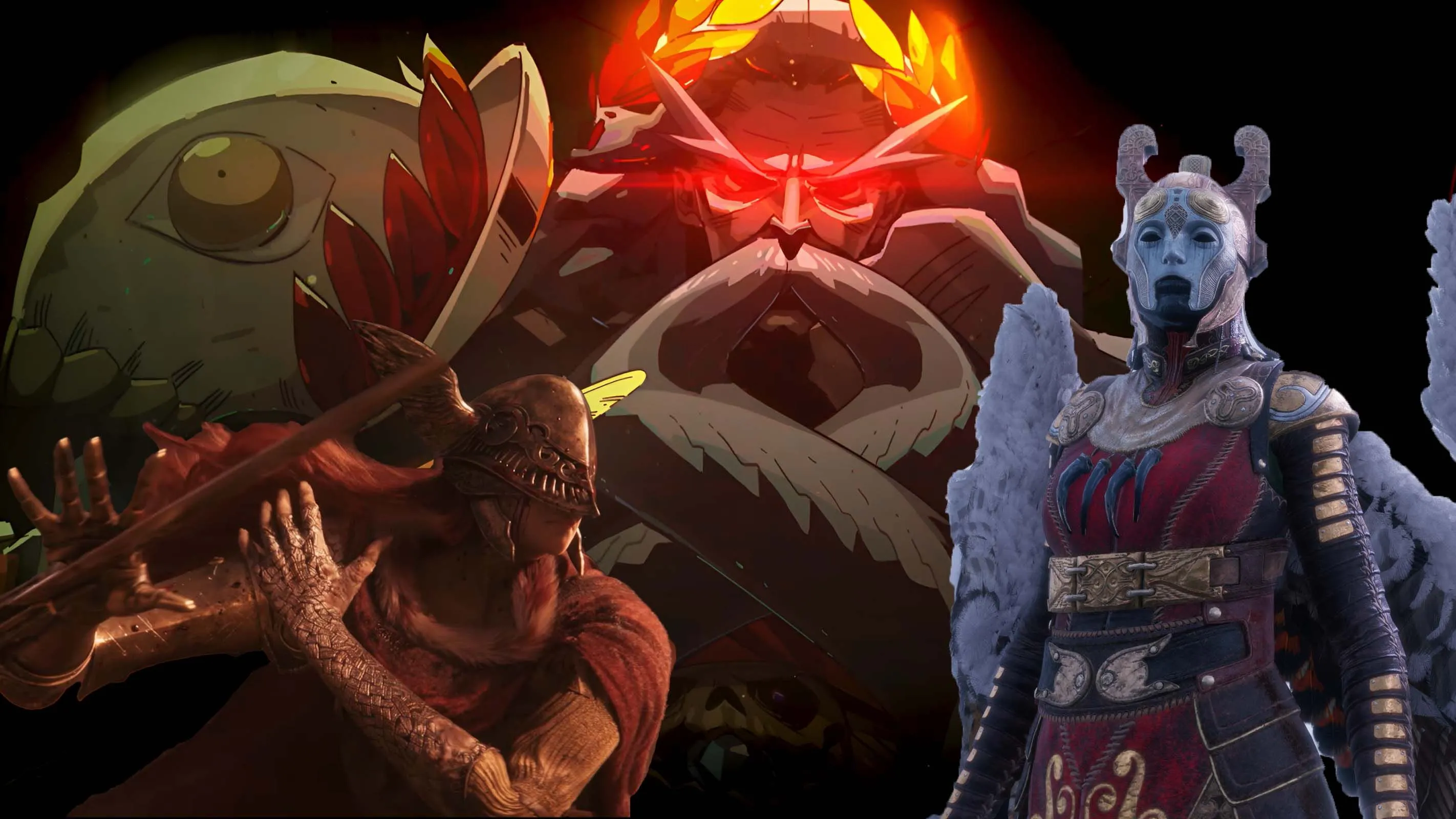 Minh họa các trùm game khó nhằn như Malenia (Elden Ring) và Hades (Hades), tượng trưng cho thử thách trong game
