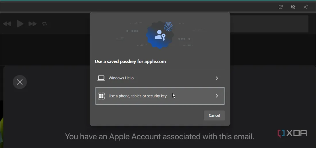 Minh họa cách đăng nhập vào tài khoản Apple bằng Passkey sử dụng nhiều phương pháp khác nhau trên các thiết bị, thể hiện tính tương thích đa nền tảng