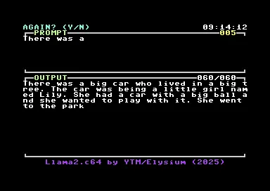 Minh họa quá trình suy luận (inference) và kết quả tạo câu chuyện của Llama2.c64 trên Commodore 64