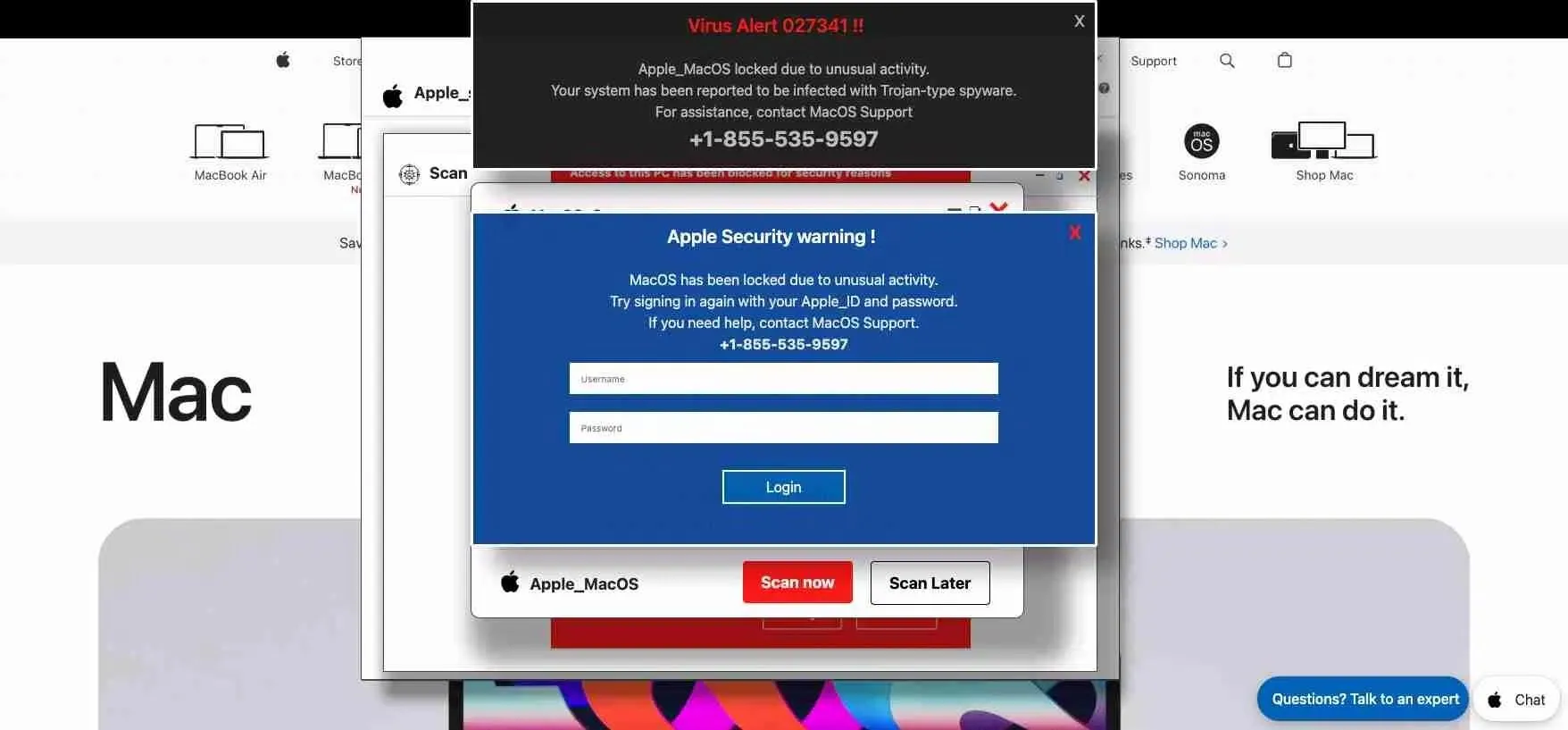 Minh họa tấn công lừa đảo (phishing) trên máy tính Mac, cảnh báo về nguy cơ mất tài khoản trực tuyến qua các liên kết độc hại.