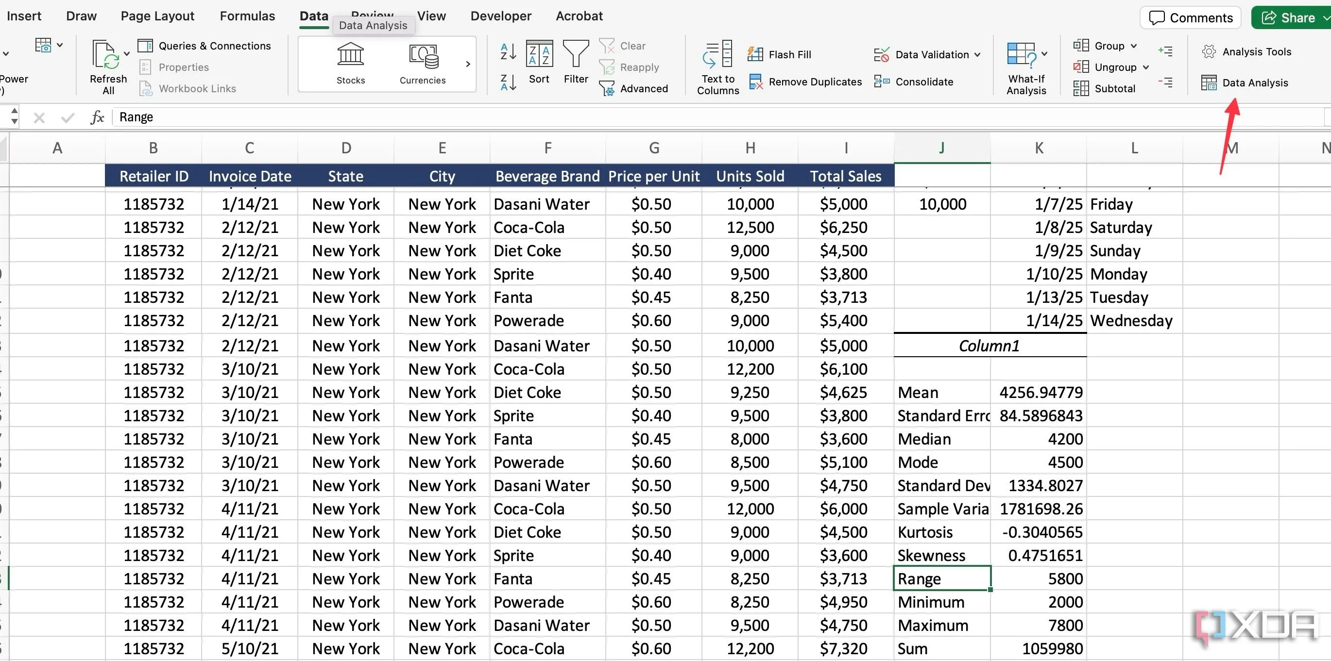 Mở Data Analysis ToolPak trong tab Data của Excel
