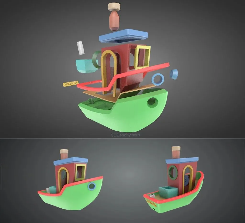 Mô hình 3DBenchy được minh họa dưới dạng chi tiết bóc tách, giúp kiểm tra độ thẳng hàng và dịch chuyển của các lớp in.
