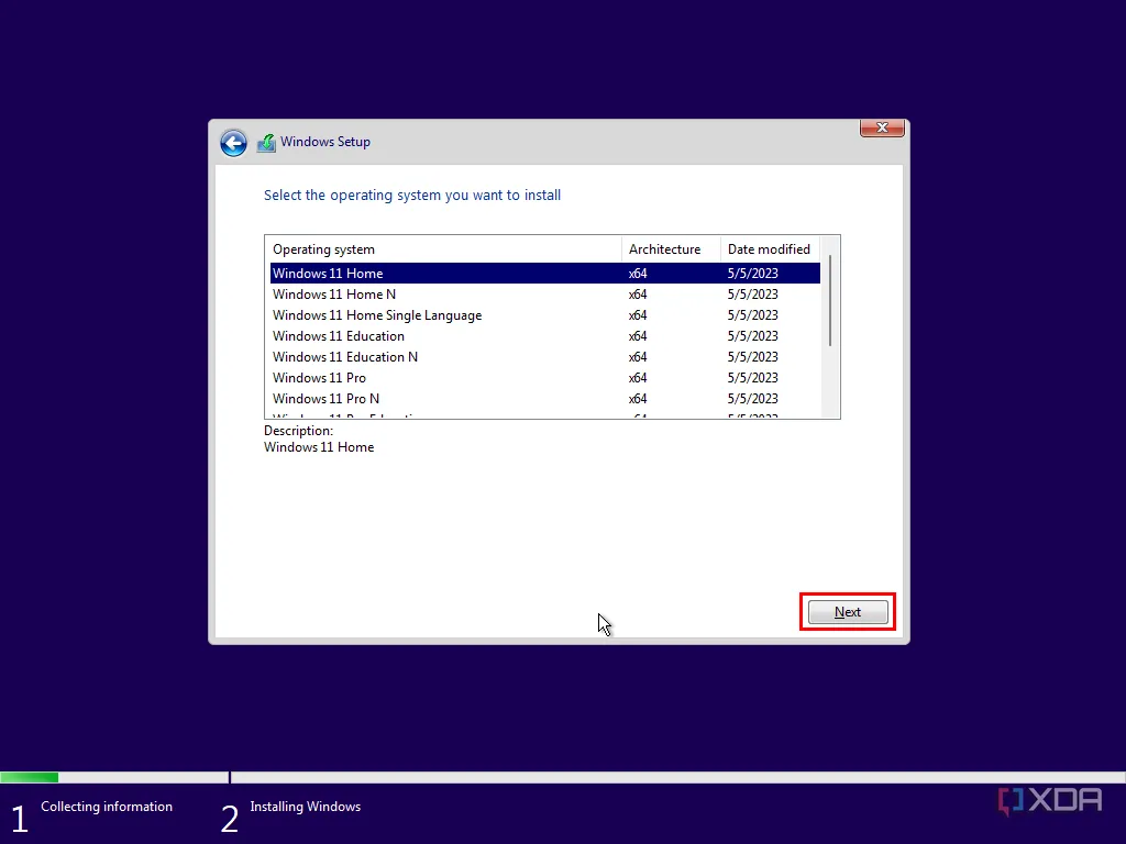 Môi trường cài đặt trước của Windows, yêu cầu người dùng chọn phiên bản Windows 11 phù hợp để cài đặt lại hệ điều hành.