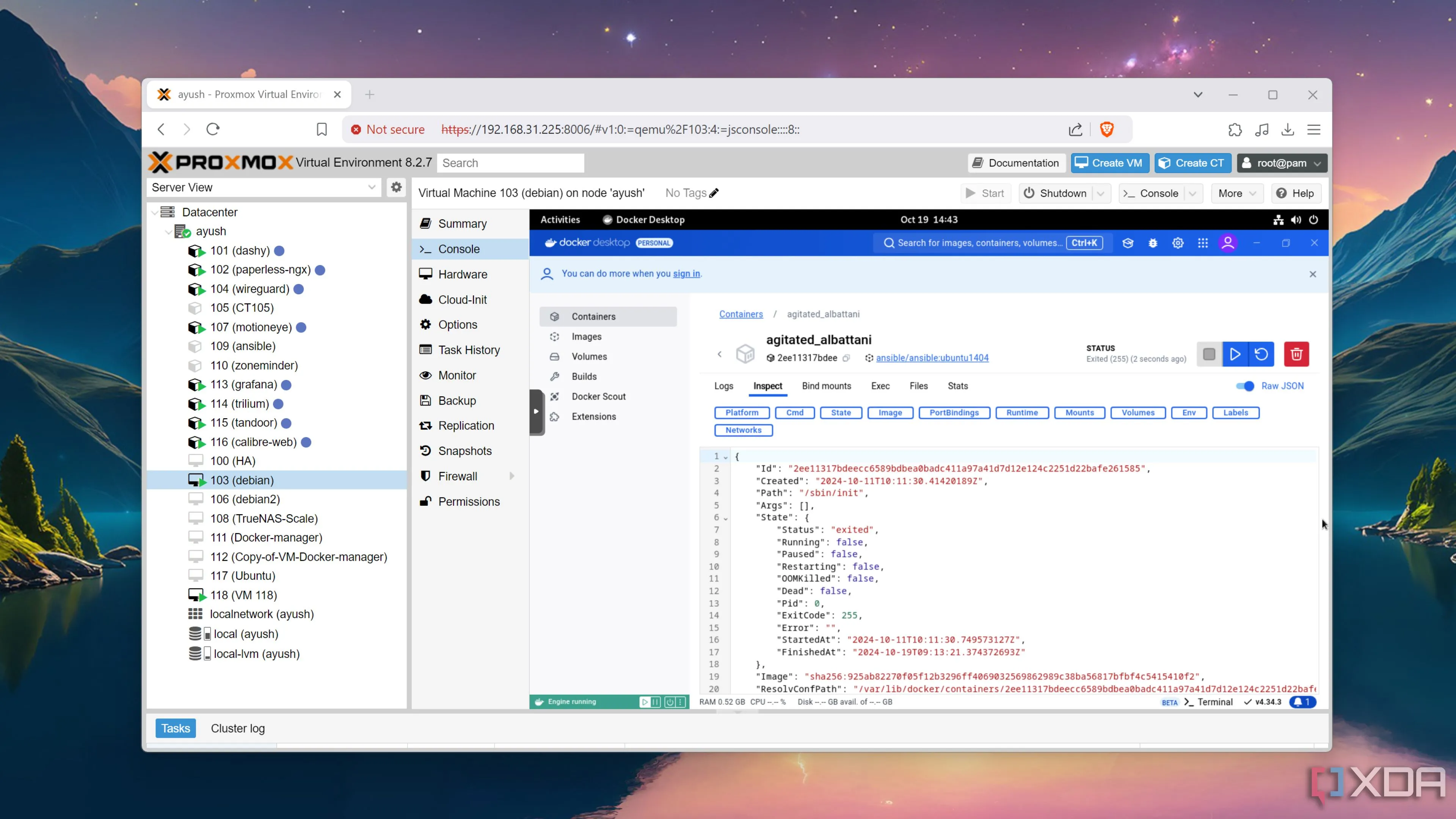 Môi trường Docker Desktop đang chạy bên trong máy ảo Debian trên máy chủ Proxmox, thể hiện tính linh hoạt của Docker.