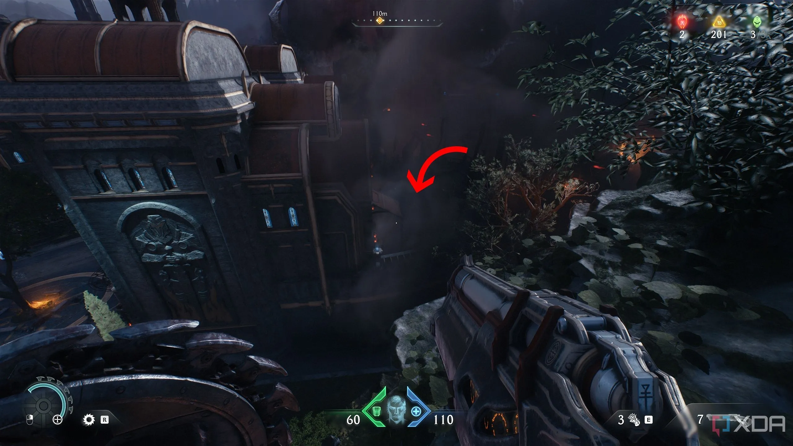 Một ban công ẩn khuất bởi khói đen, nơi có Weapon Skin