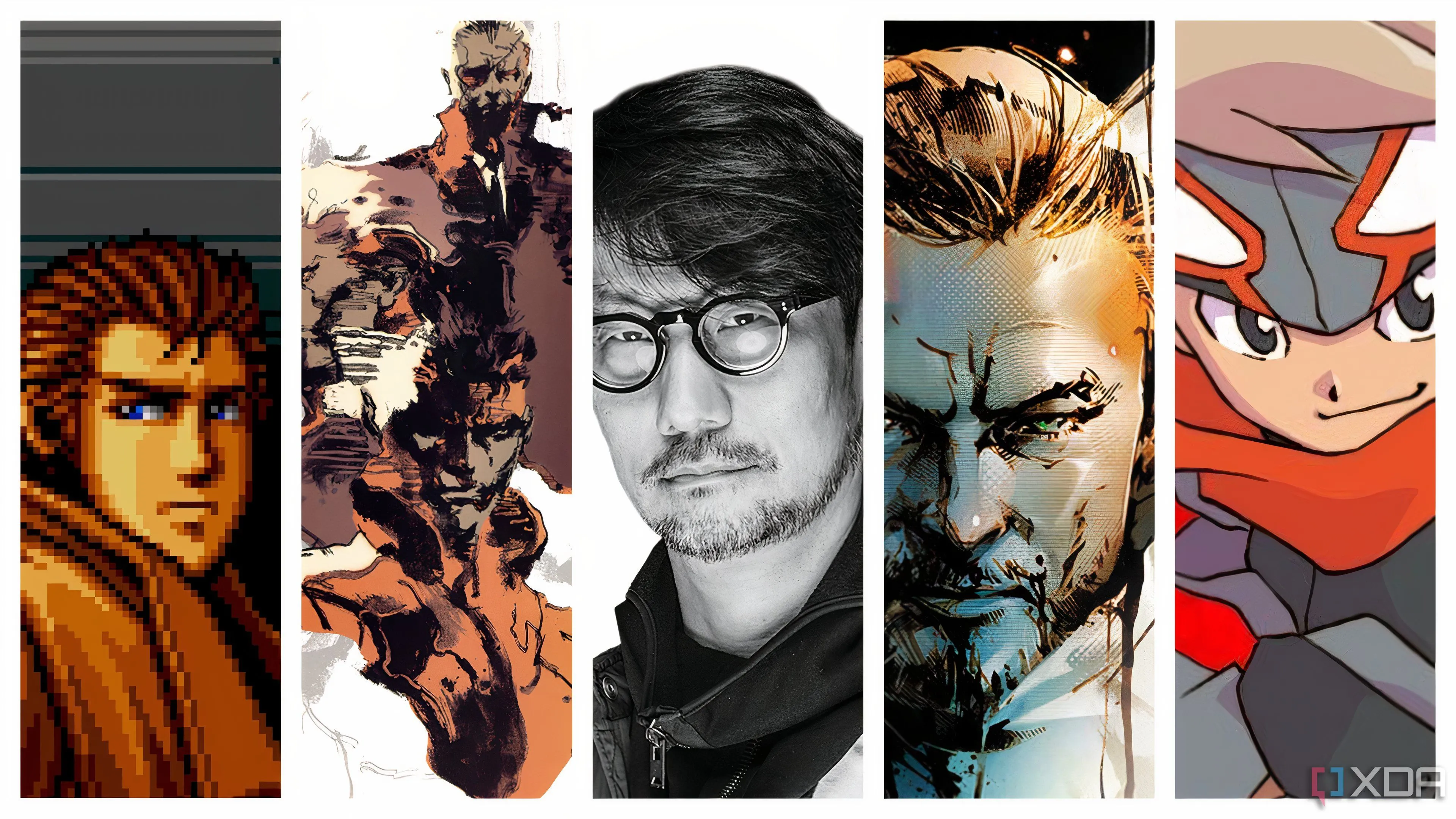 Một bức ảnh ghép về Hideo Kojima cùng các tác phẩm như Snatcher, Metal Gear Solid, Death Stranding và Boktai, thể hiện sự nghiệp của ông