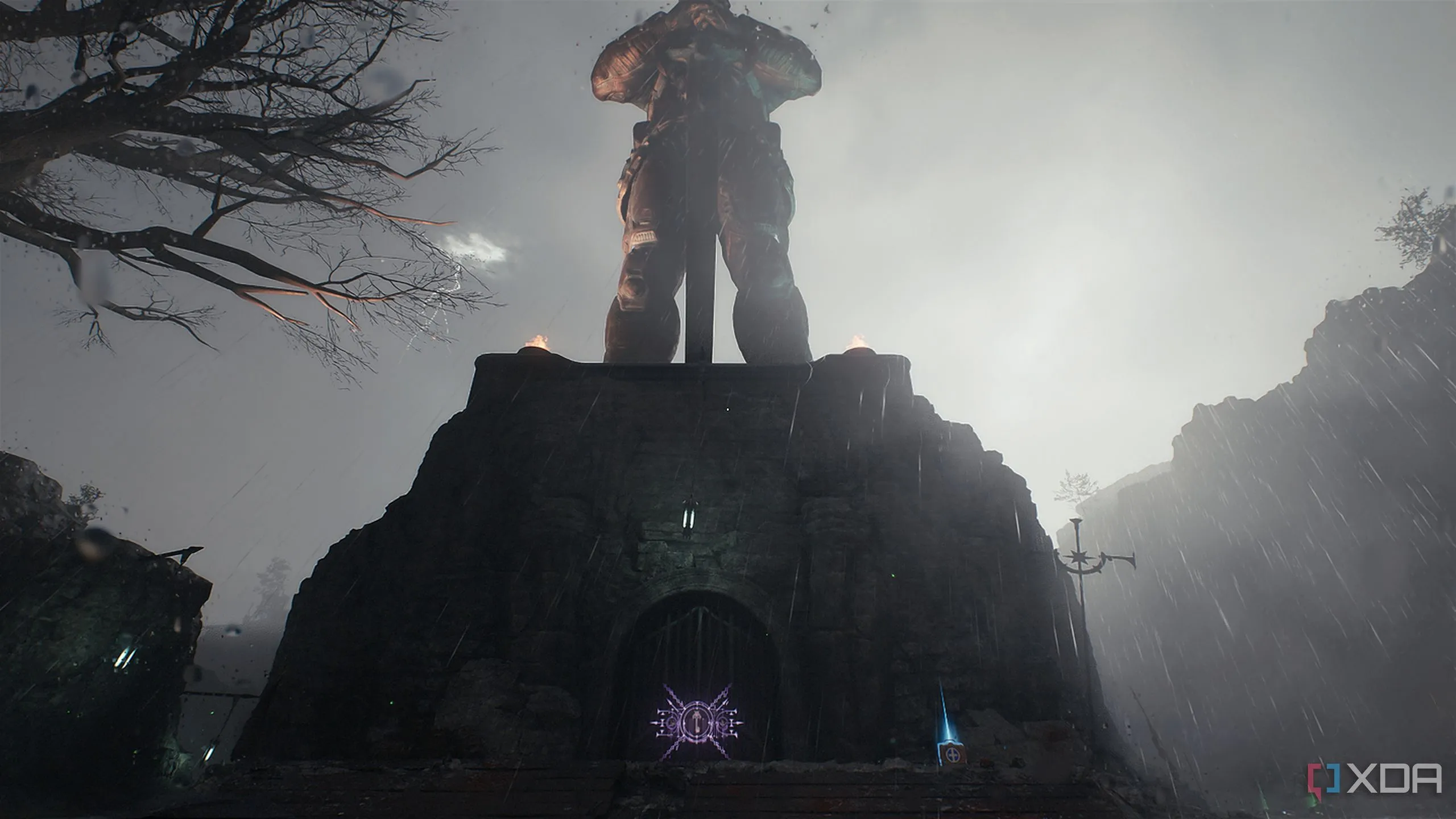 Một bức tượng hiệp sĩ Sentinel trong bối cảnh Doom The Dark Ages.