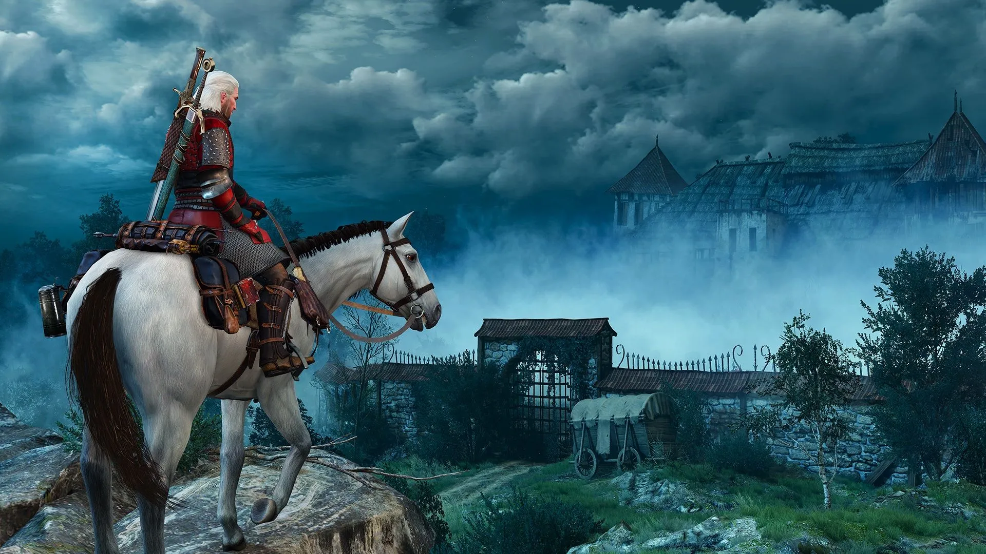Một cảnh quay trong game The Witcher 3, hiển thị Geralt đối mặt với quái vật