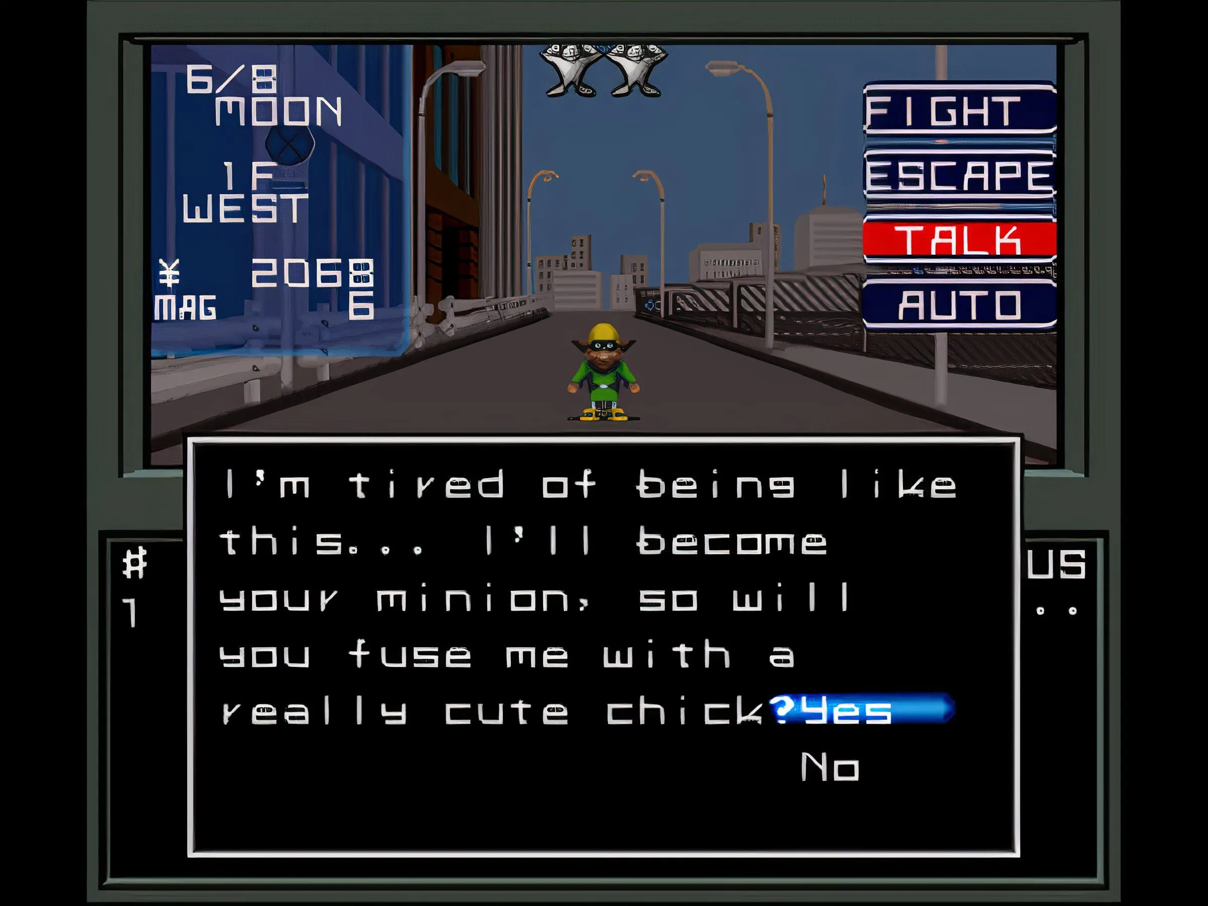 Một cảnh tương tác NPC trong Shin Megami Tensei với hộp thoại tiếng Anh, cho thấy khả năng tiếp cận cốt truyện dễ dàng hơn nhờ bản dịch.