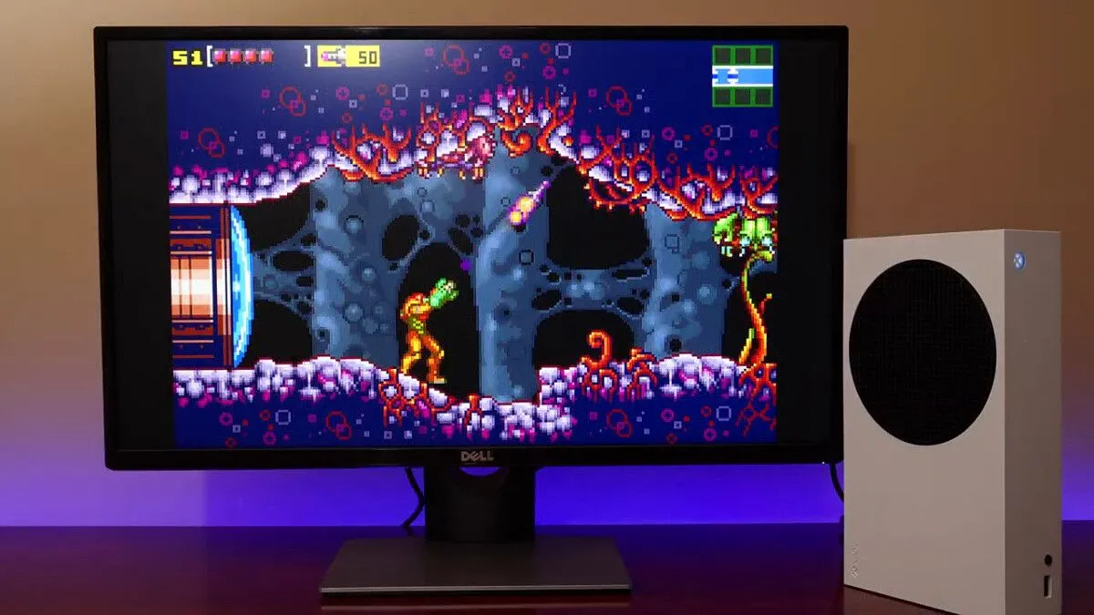 Một chiếc Xbox Series S đang chạy giả lập RetroArch, thể hiện khả năng tương thích của emulator.