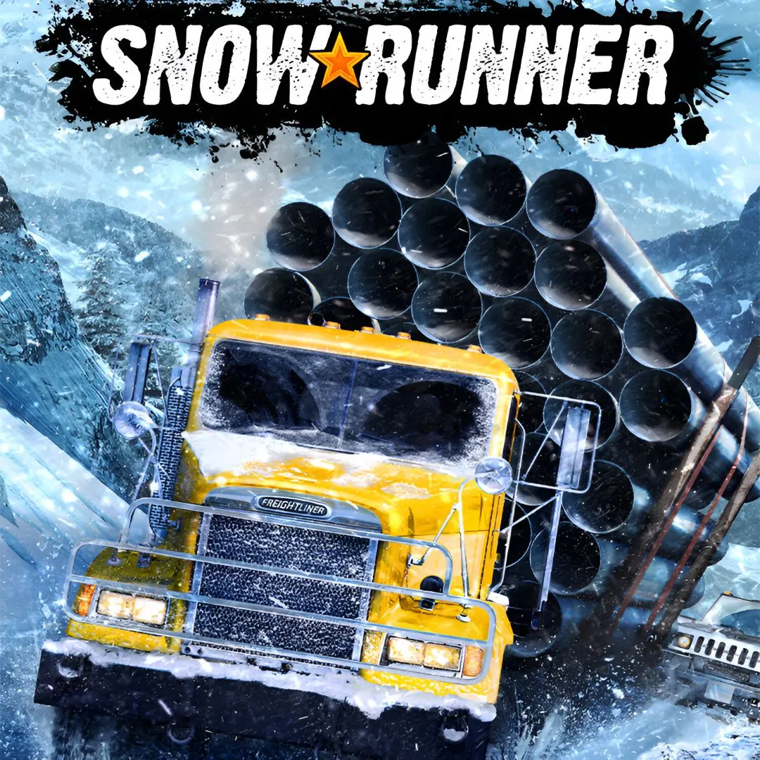 Một chiếc xe tải hạng nặng mắc kẹt trong bùn lầy của tựa game SnowRunner, nhấn mạnh yếu tố mô phỏng vận chuyển và vượt địa hình khó khăn.