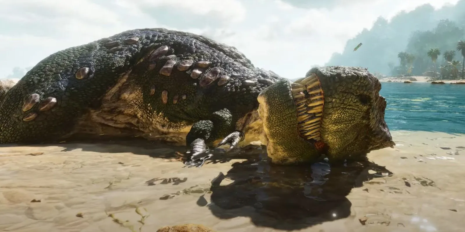 Một con khủng long nằm trên bãi biển trong Ark: Survival Ascended