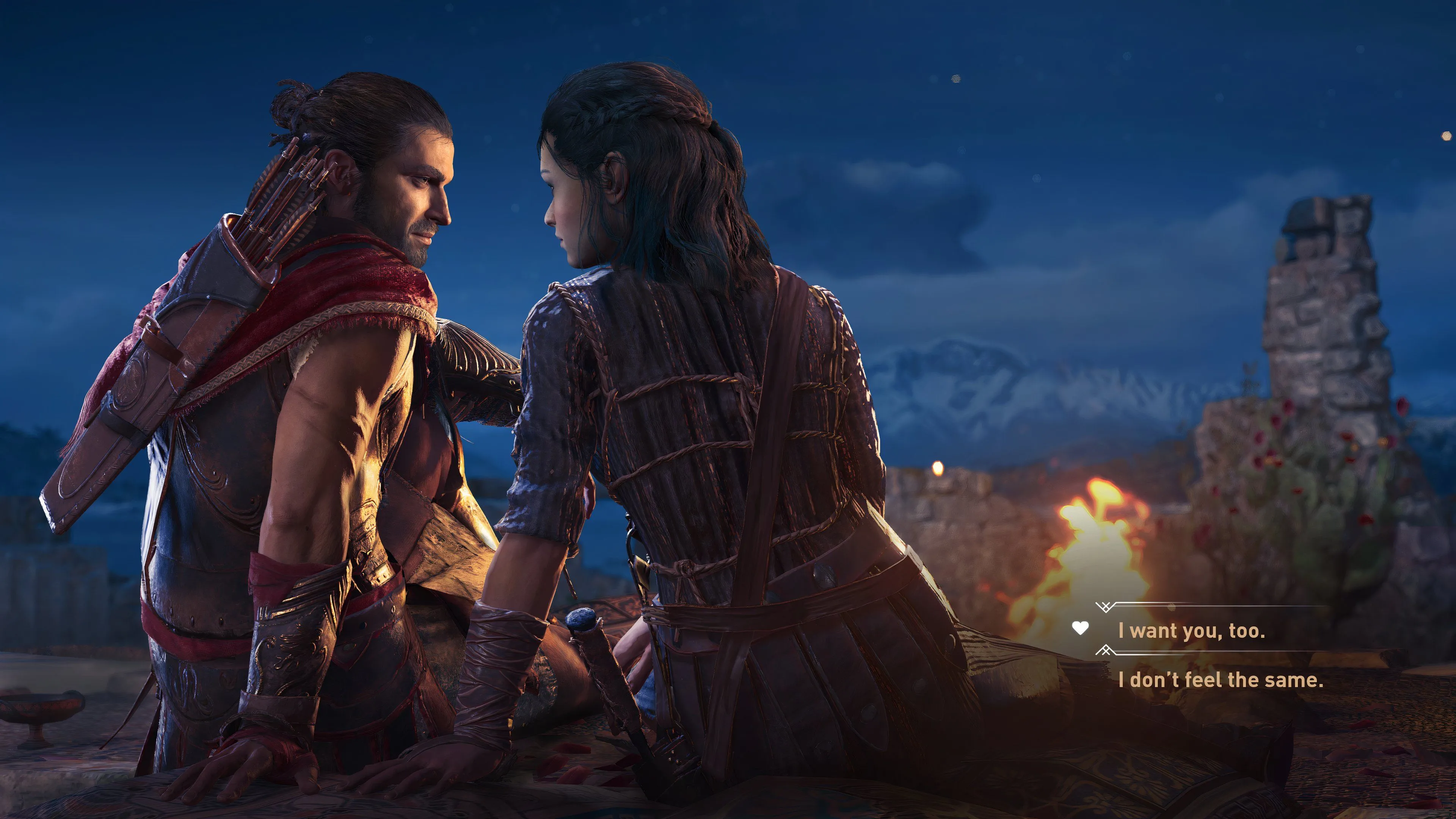 Một lựa chọn lãng mạn trong Assassin's Creed Odyssey, minh họa cho hệ thống quyết định của người chơi trong cốt truyện