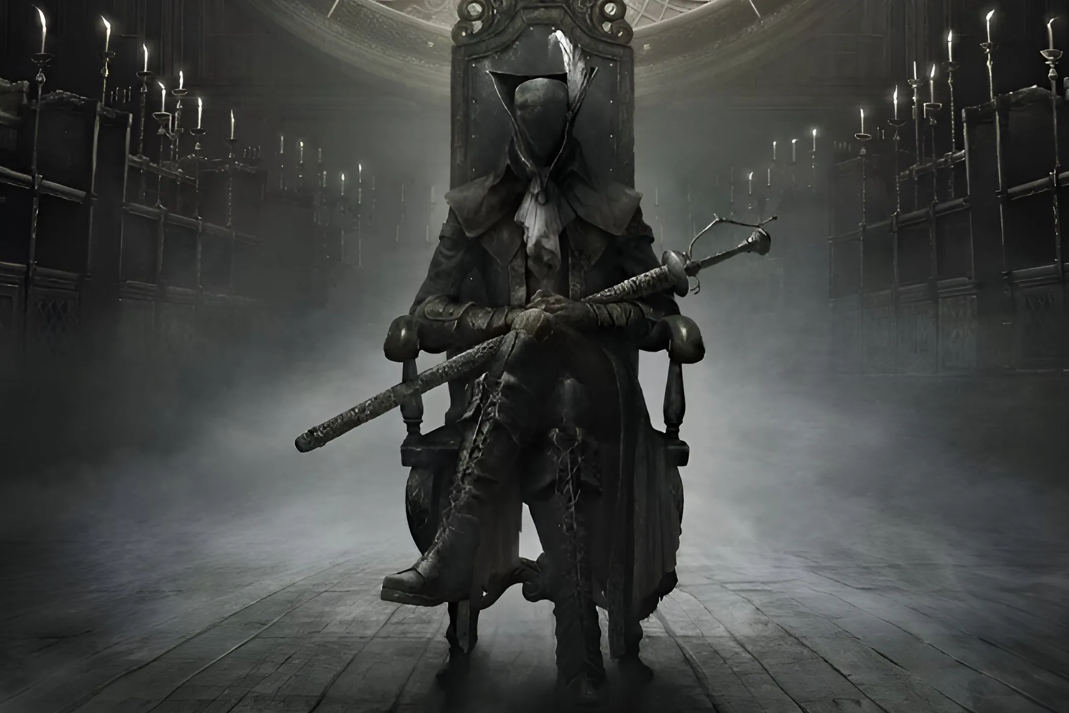 Một nhân vật bí ẩn ngồi trên ghế với mặt nạ và cầm thanh kiếm dài trong Bloodborne The Old Hunters