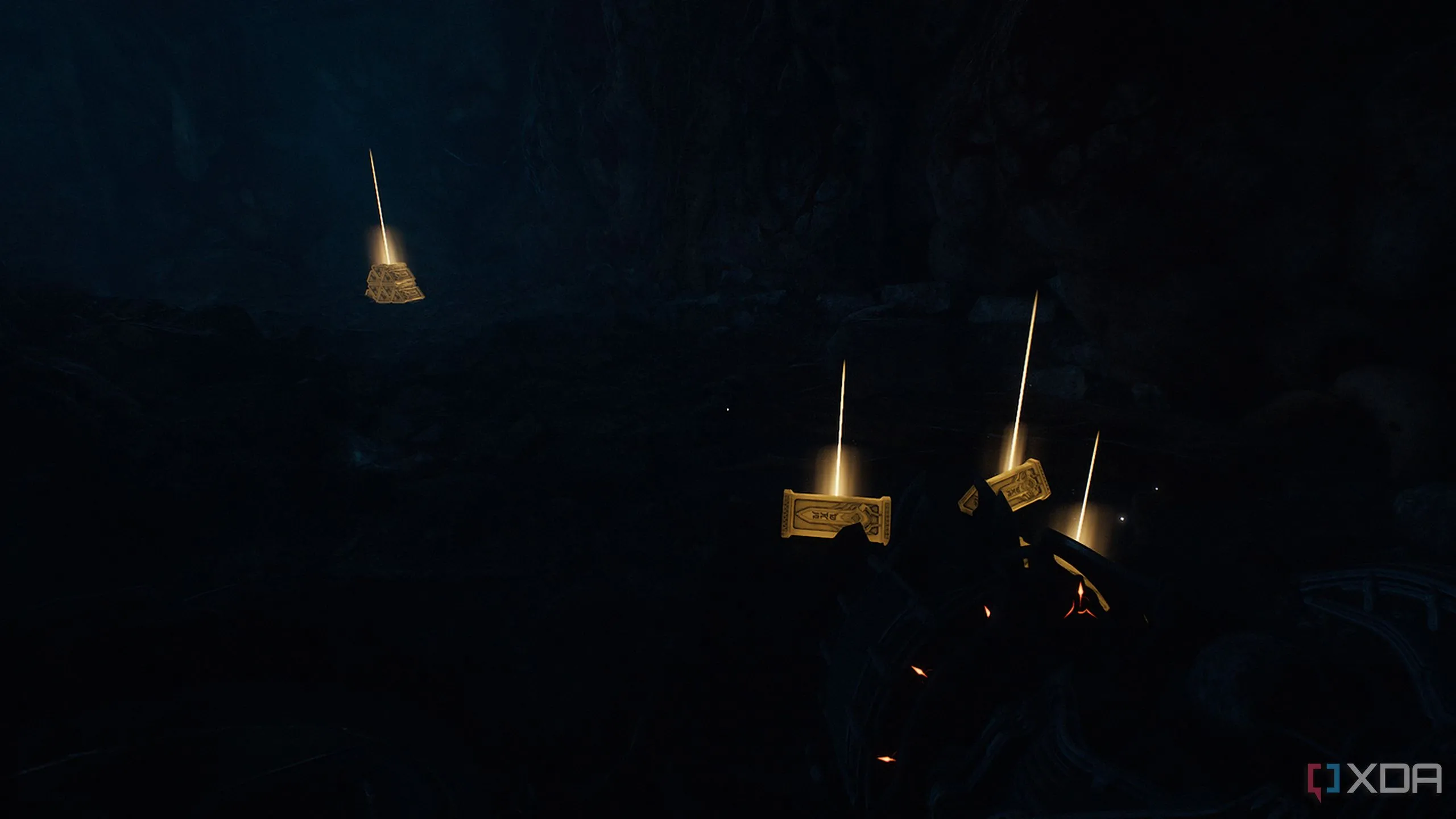 Một nhóm thanh vàng nằm rải rác trên nền đất đổ nát trong một góc tối của Doom The Dark Ages.