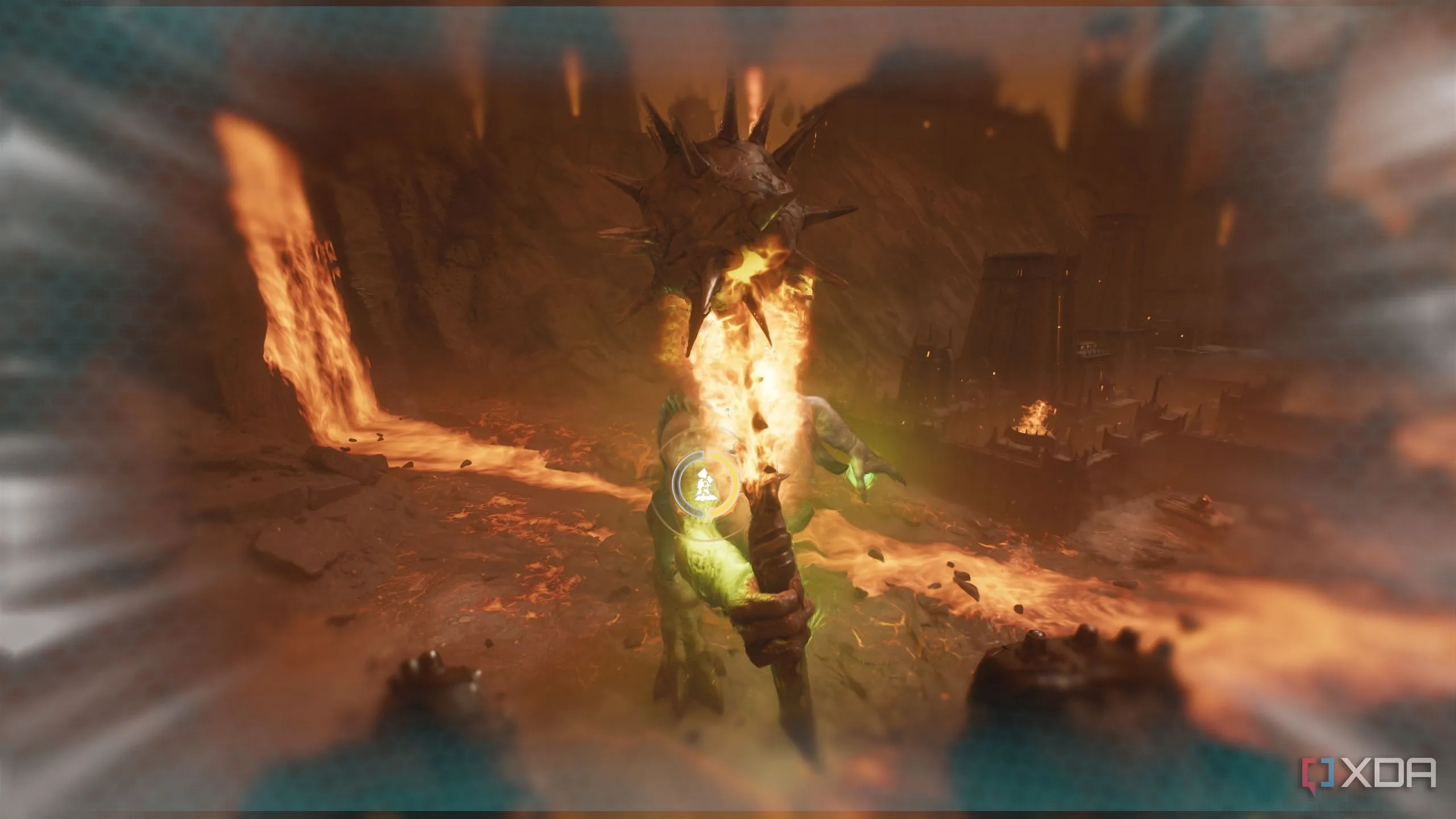 Một Titan trong Doom: The Dark Ages thực hiện đòn tấn công có thể né tránh hoàn hảo (parryable attack)