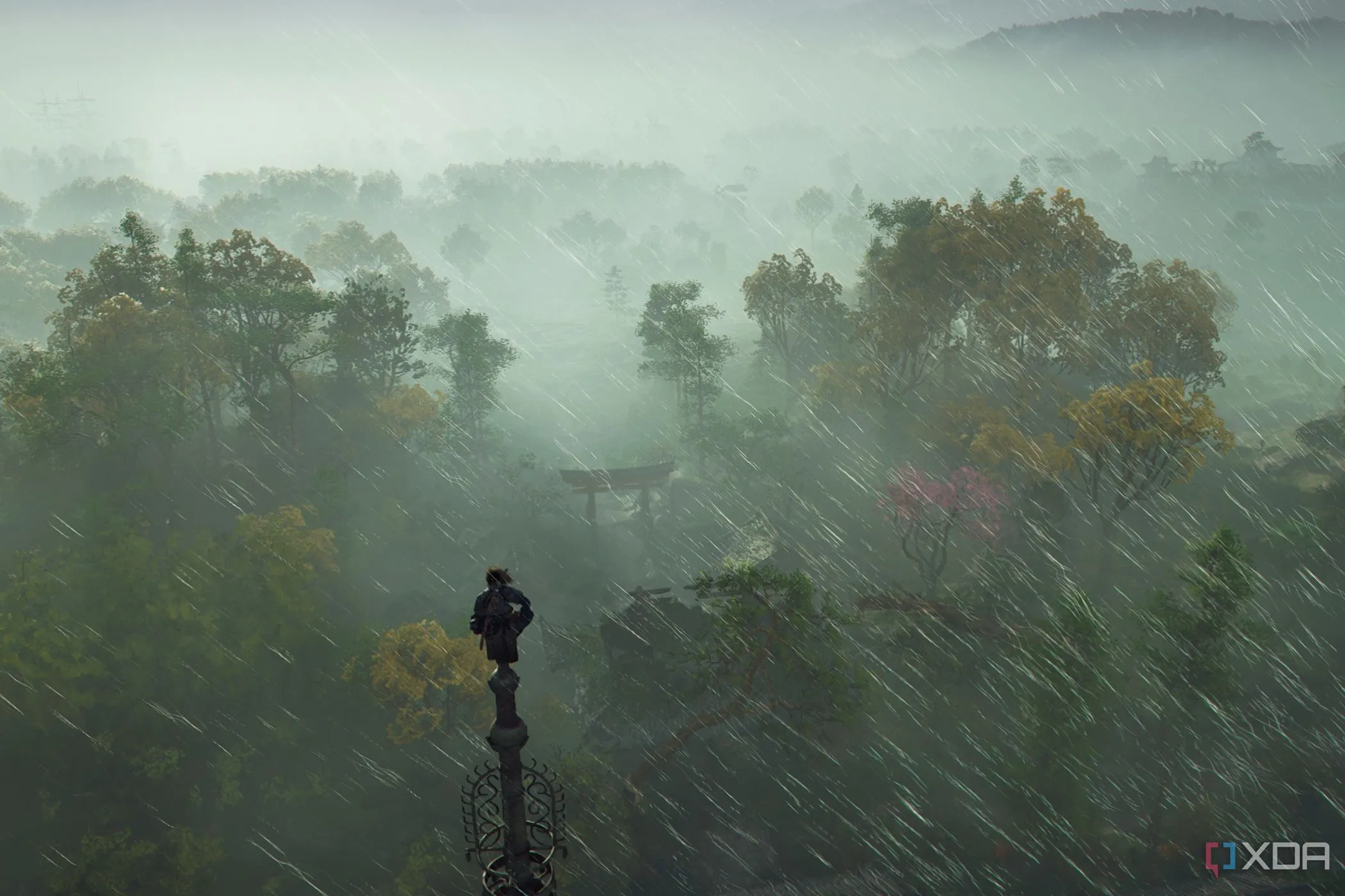 Một Viewpoint trong Assassin's Creed Shadows dưới trời mưa, giúp khám phá bản đồ