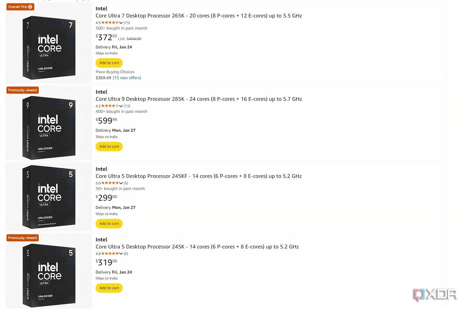 Mức giá CPU Intel Core Ultra trên Amazon, cho thấy sự thiếu cạnh tranh về giá
