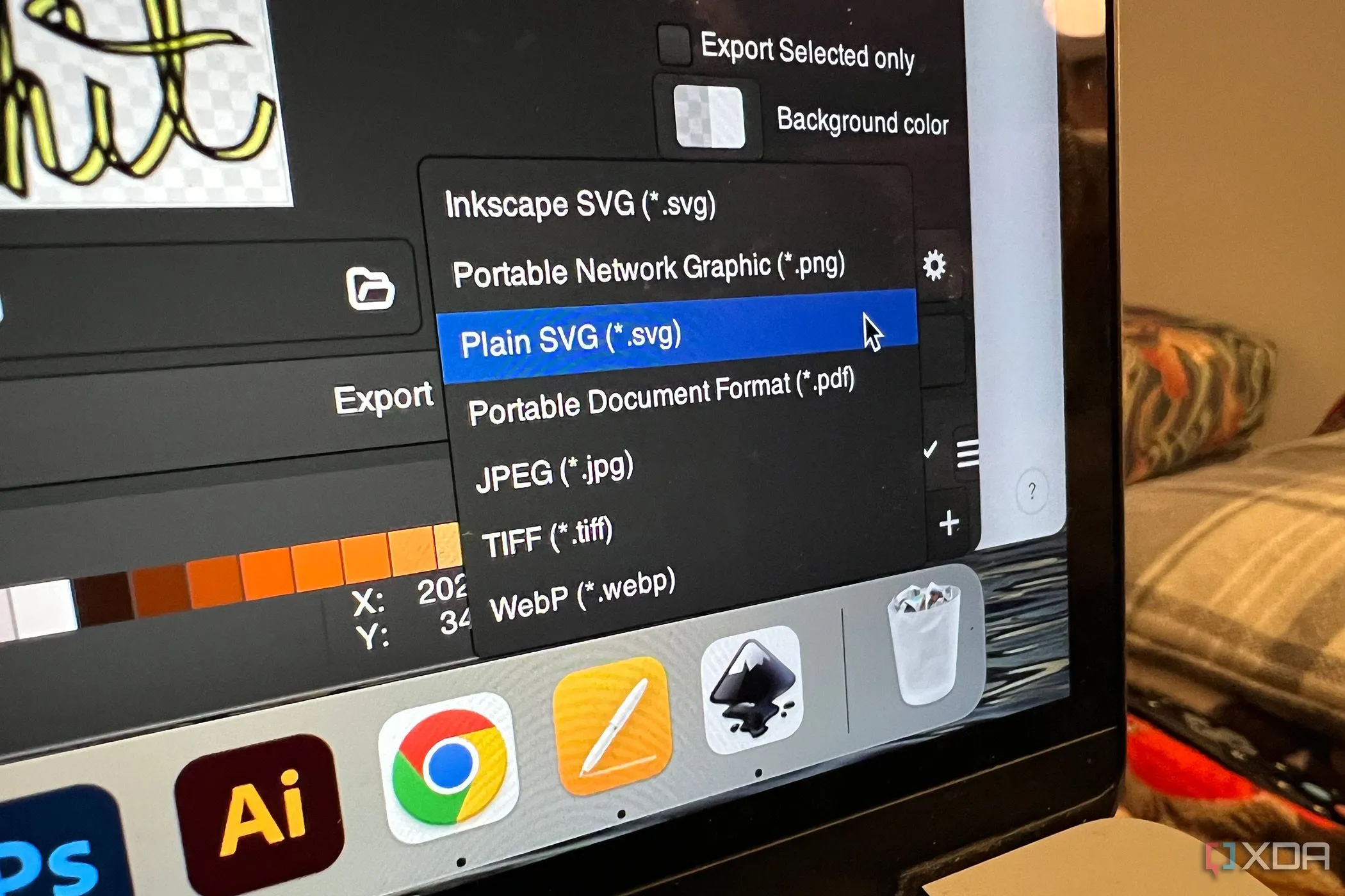 Mục tùy chọn định dạng xuất file trong Inkscape, cho thấy các thách thức về tương thích file khi chuyển từ Adobe.