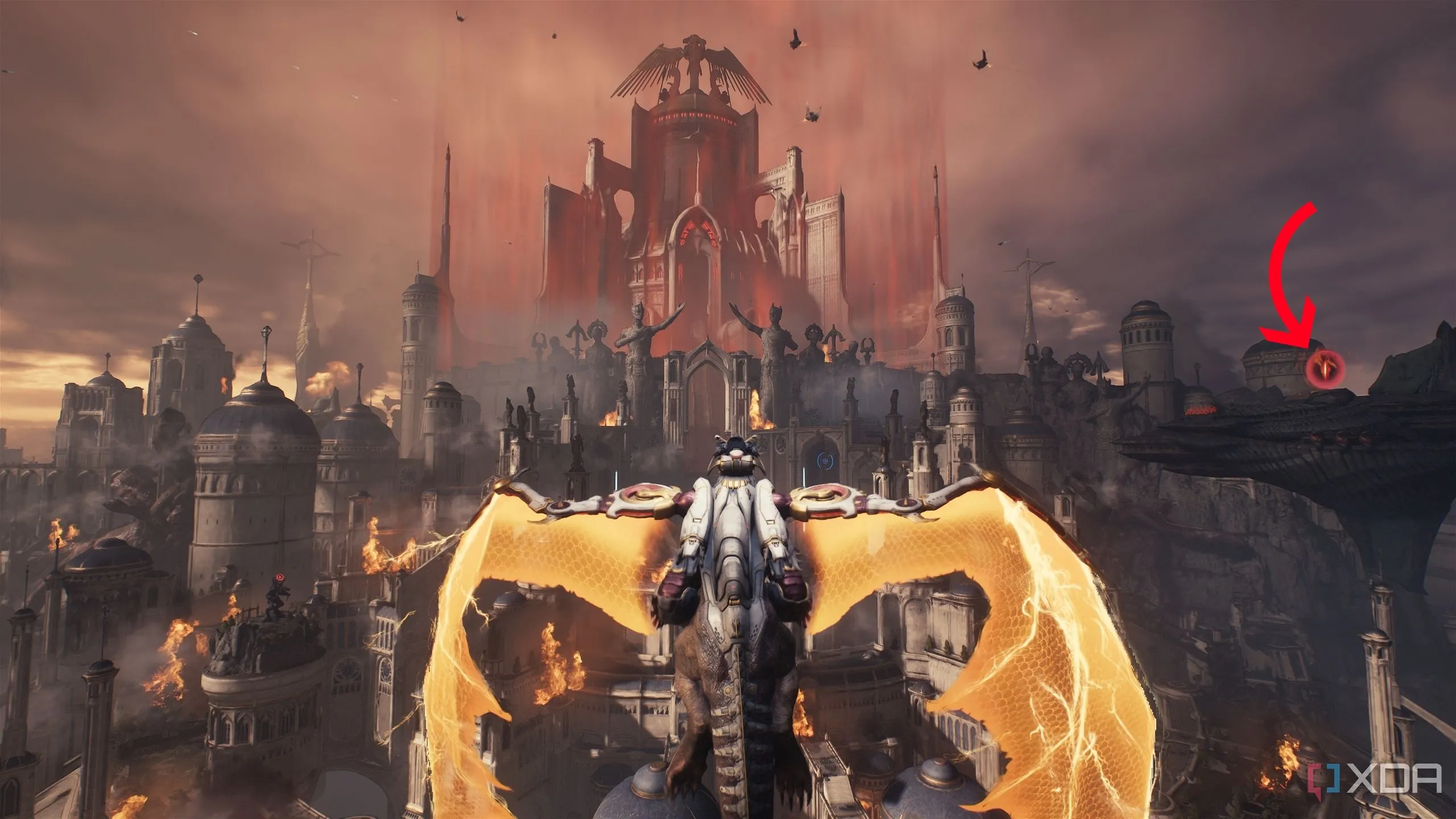 Mũi tên chỉ dẫn đến chiếc Hell Carrier thứ hai bay trên bầu trời Thành phố Thánh Aratum trong Doom The Dark Ages