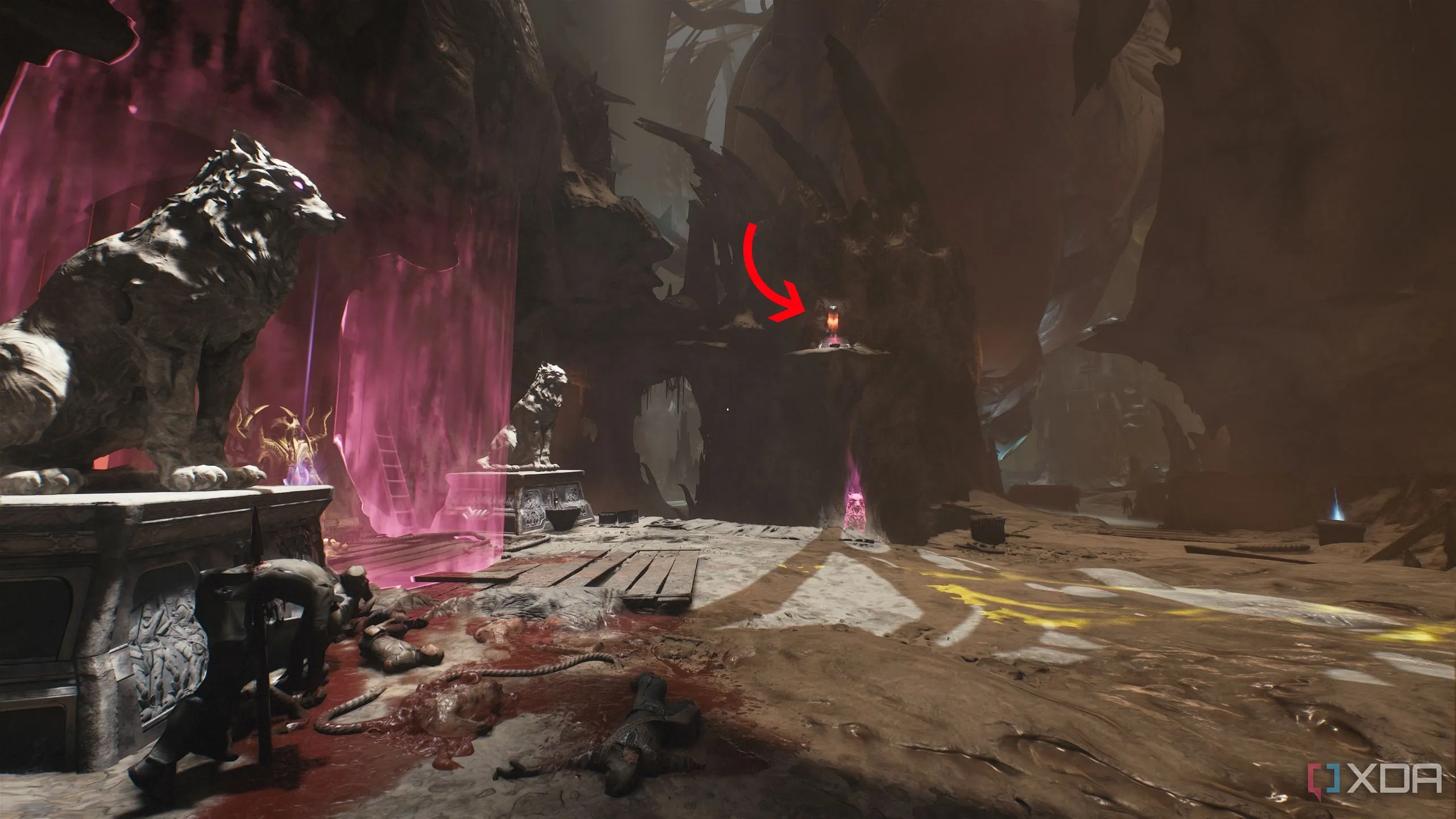 Mũi tên chỉ vào bức tượng sư tử cuối cùng, một phần của câu đố Wraithstone trong Doom: The Dark Ages, nằm ở trên cao