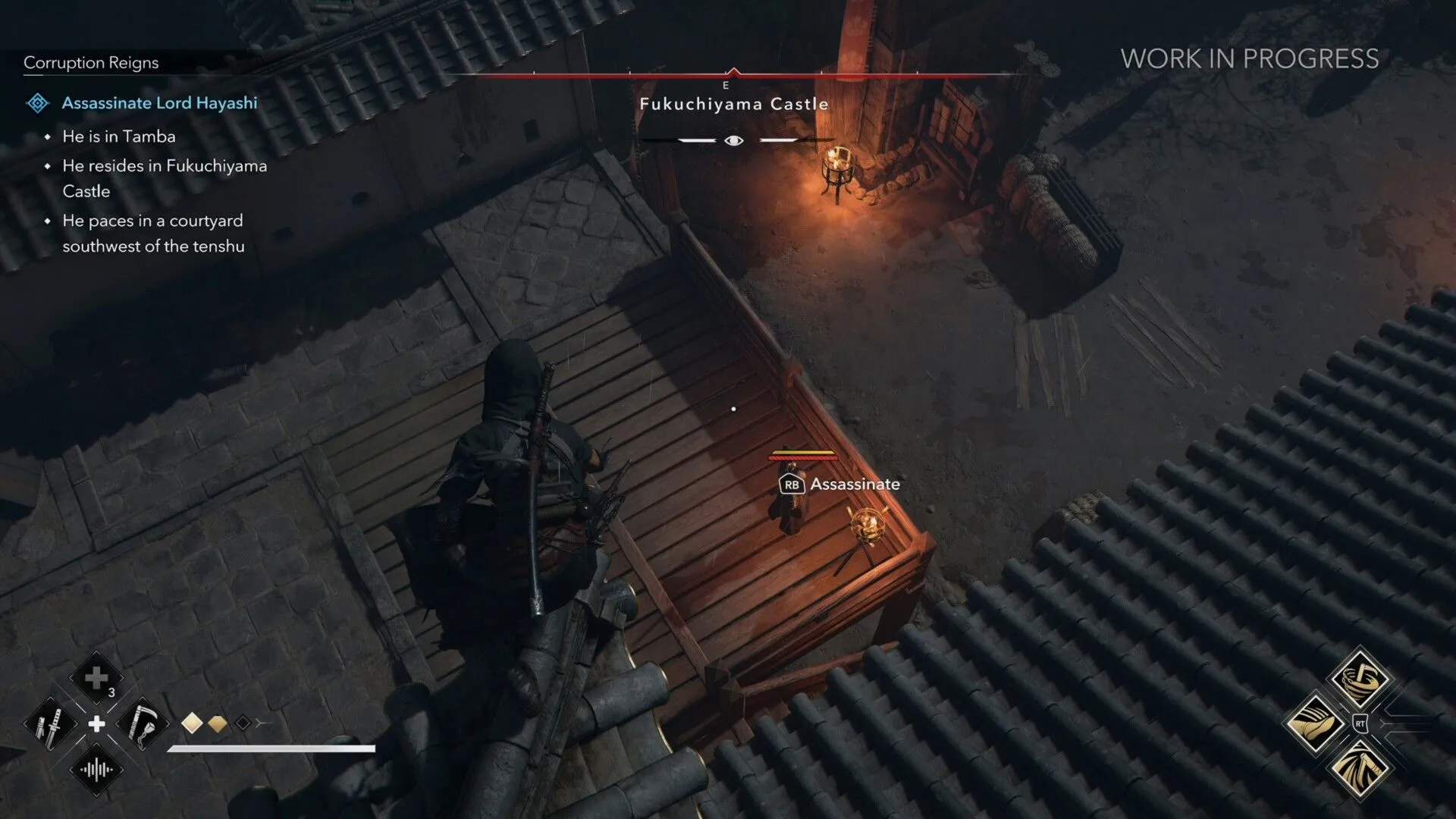 Naoe ẩn mình trong bóng tối, chuẩn bị cho một pha ám sát lén lút hiệu quả trong Assassin's Creed Shadows.
