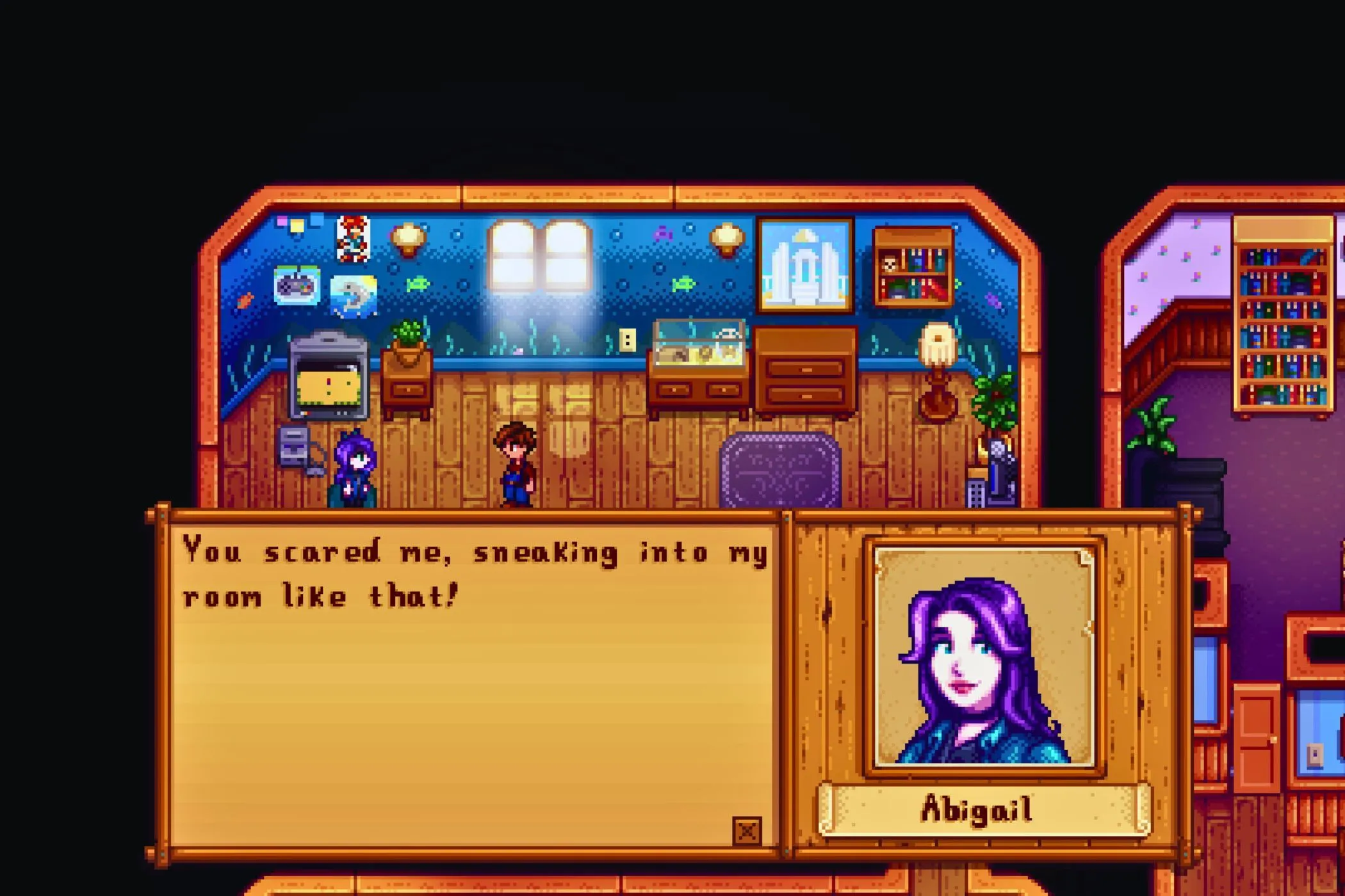 Người chơi Stardew Valley trò chuyện cùng Abigail trong nhà, biểu tượng cho hệ thống nhân vật sâu sắc và không cần mua thêm nội dung