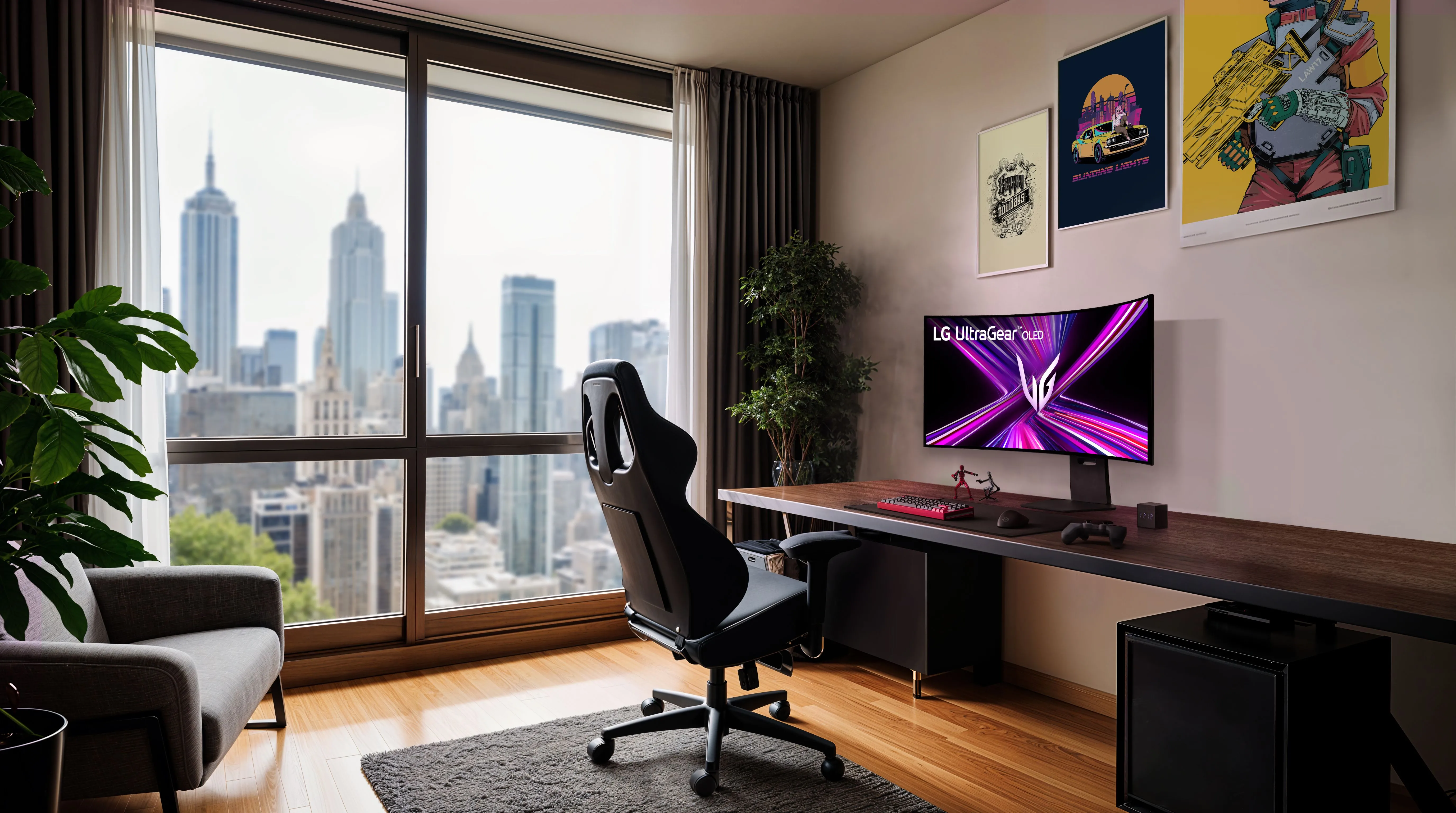 Người dùng trải nghiệm chơi game trên màn hình LG UltraGear OLED 45 inch 5K2K với không gian làm việc hiện đại