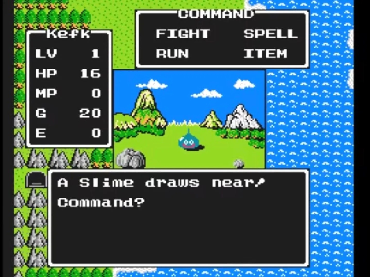 Nhân vật anh hùng chiến đấu với quái vật Slime kinh điển trong Dragon Warrior trên hệ máy NES
