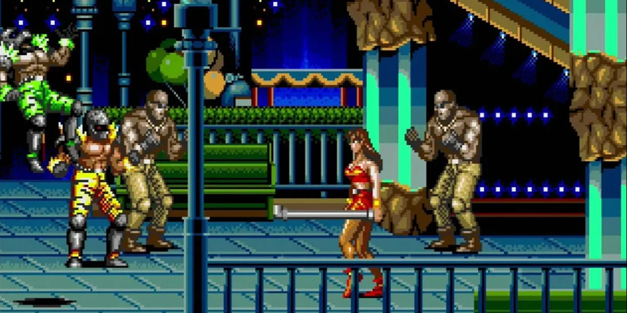 Nhân vật Blaze Fielding đang thực hiện đòn tấn công đặc trưng trong game Streets of Rage 2, một trong những nữ chiến binh mạnh mẽ