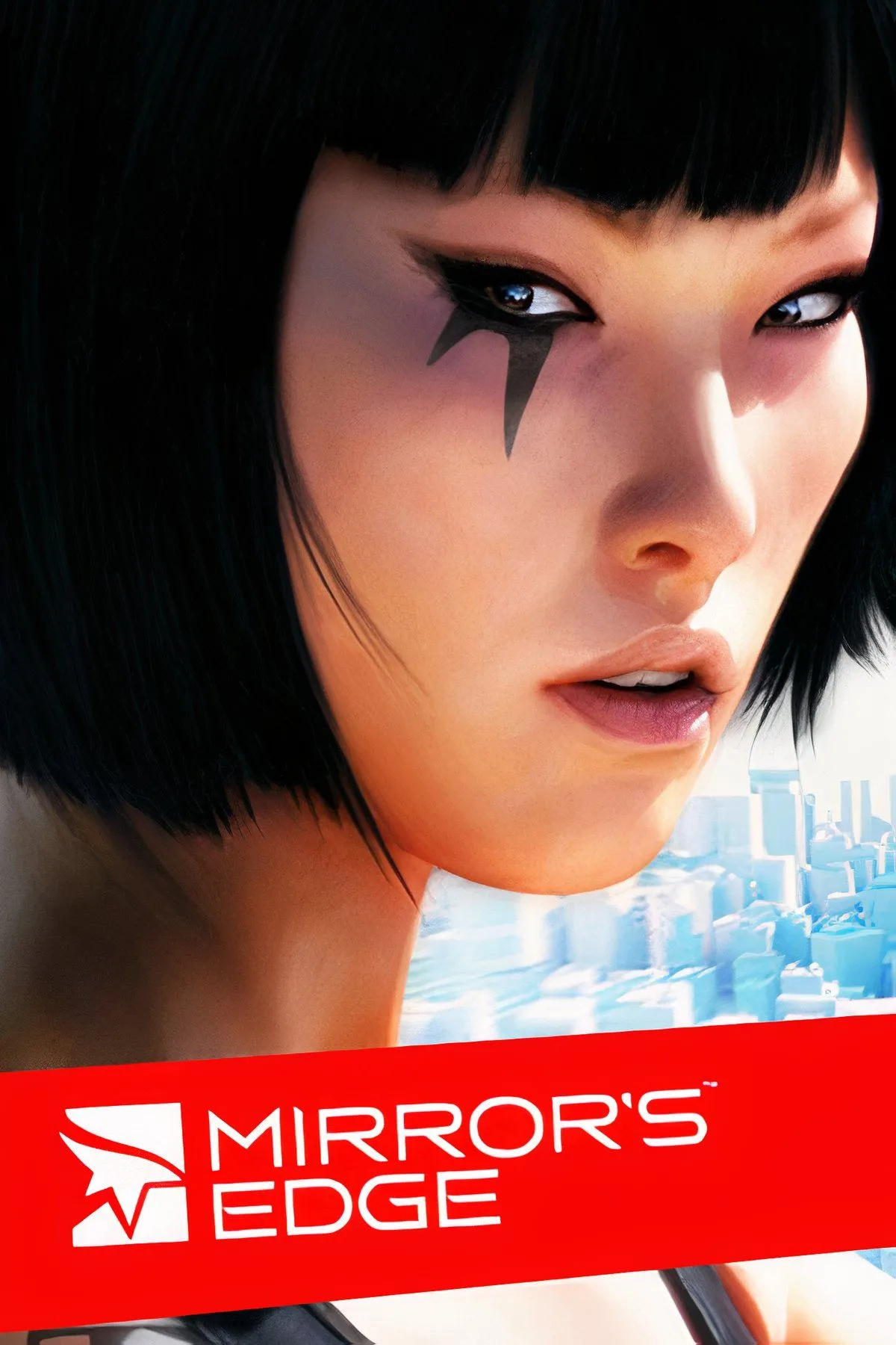 Nhân vật Faith đang chạy trên mái nhà trong Mirror's Edge, với kiến trúc đô thị tối giản