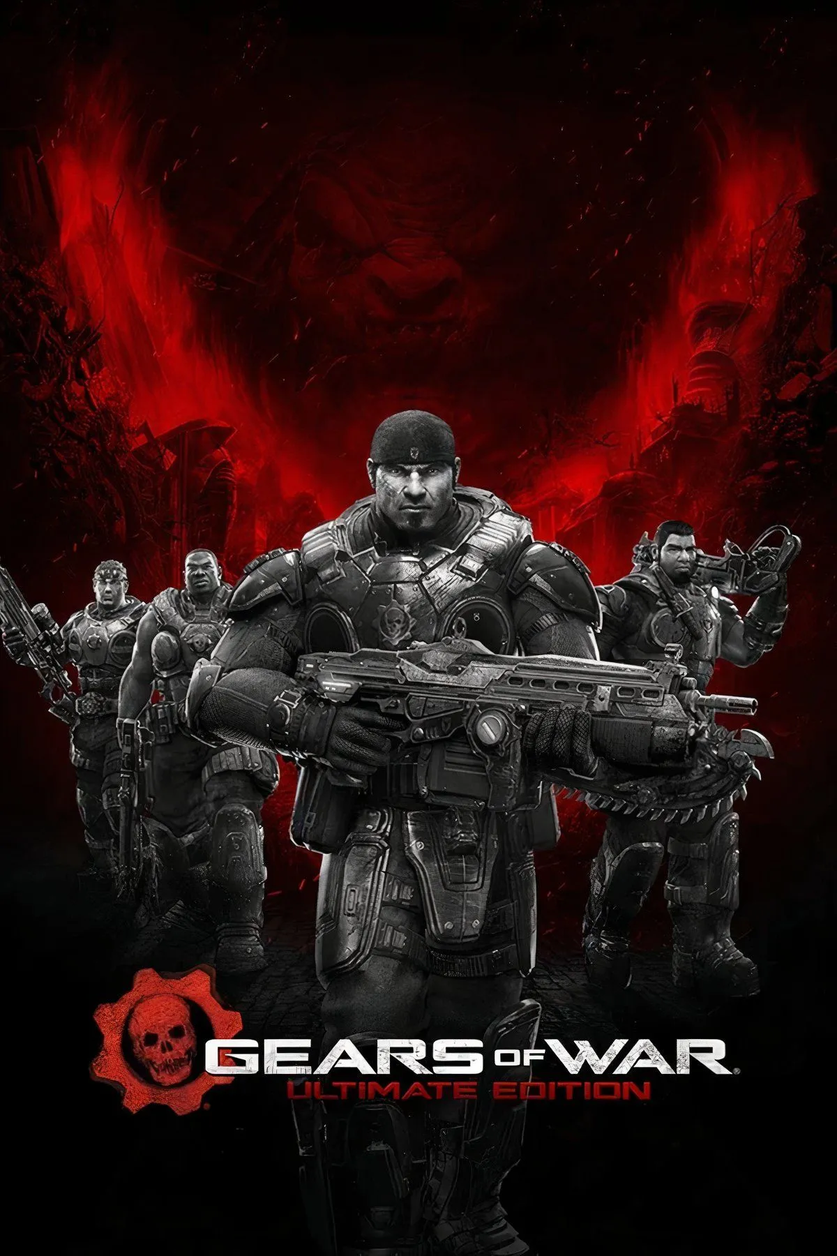 Nhân vật game Gears of War giơ vũ khí chainsaw cầm trên tay, xung quanh là quái vật