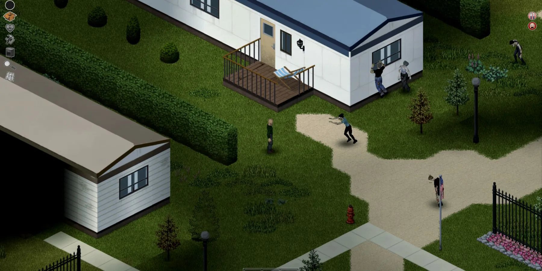 Nhân vật khám phá khu cắm trại với zombie lảng vảng trong Project Zomboid
