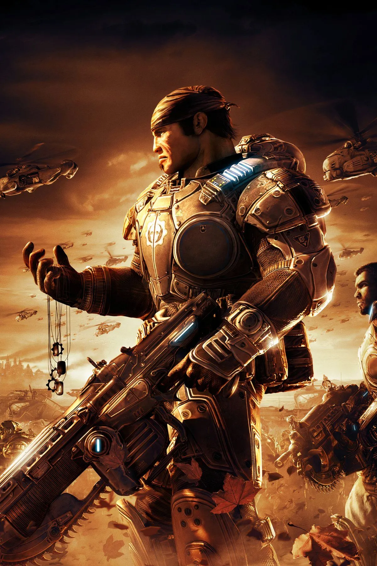 Nhân vật Marcus Fenix trong Gears of War 2 sử dụng cưa máy Lancer đặc trưng trong một pha hành động.