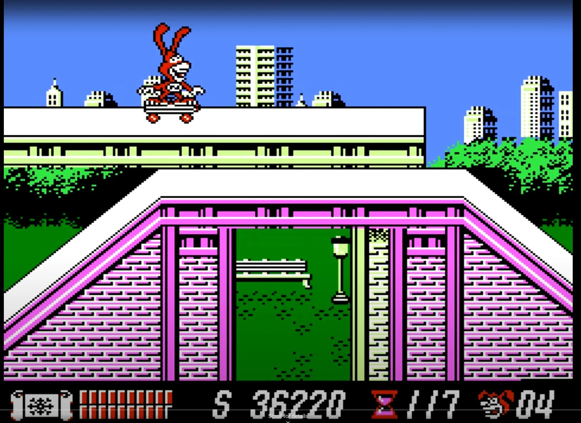 Nhân vật Noid đang trượt ván trong một màn chơi của game Yo! Noid trên hệ máy NES.
