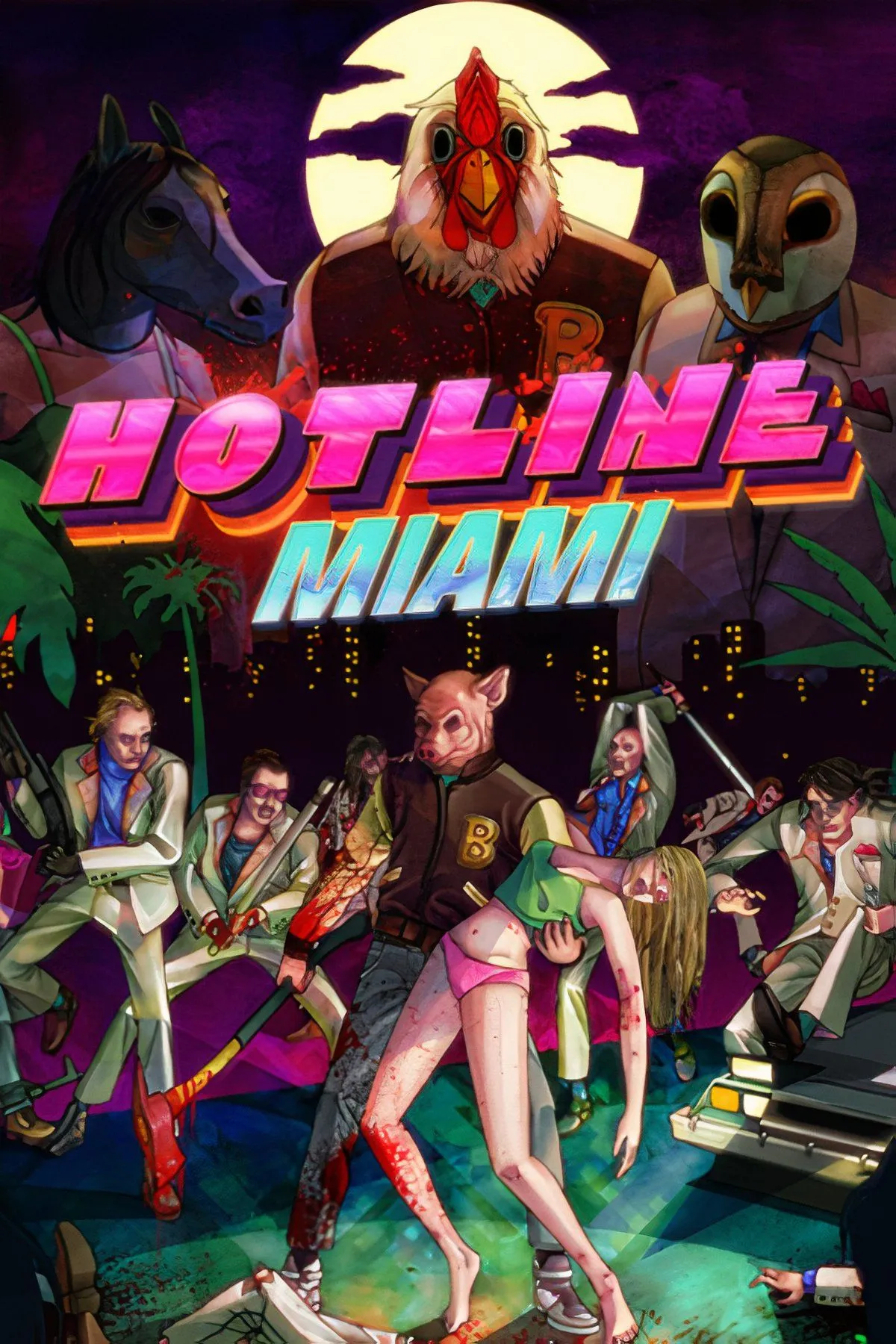 Nhân vật trong game Hotline Miami với mặt nạ động vật và khung cảnh bạo lực, đồ họa pixel art