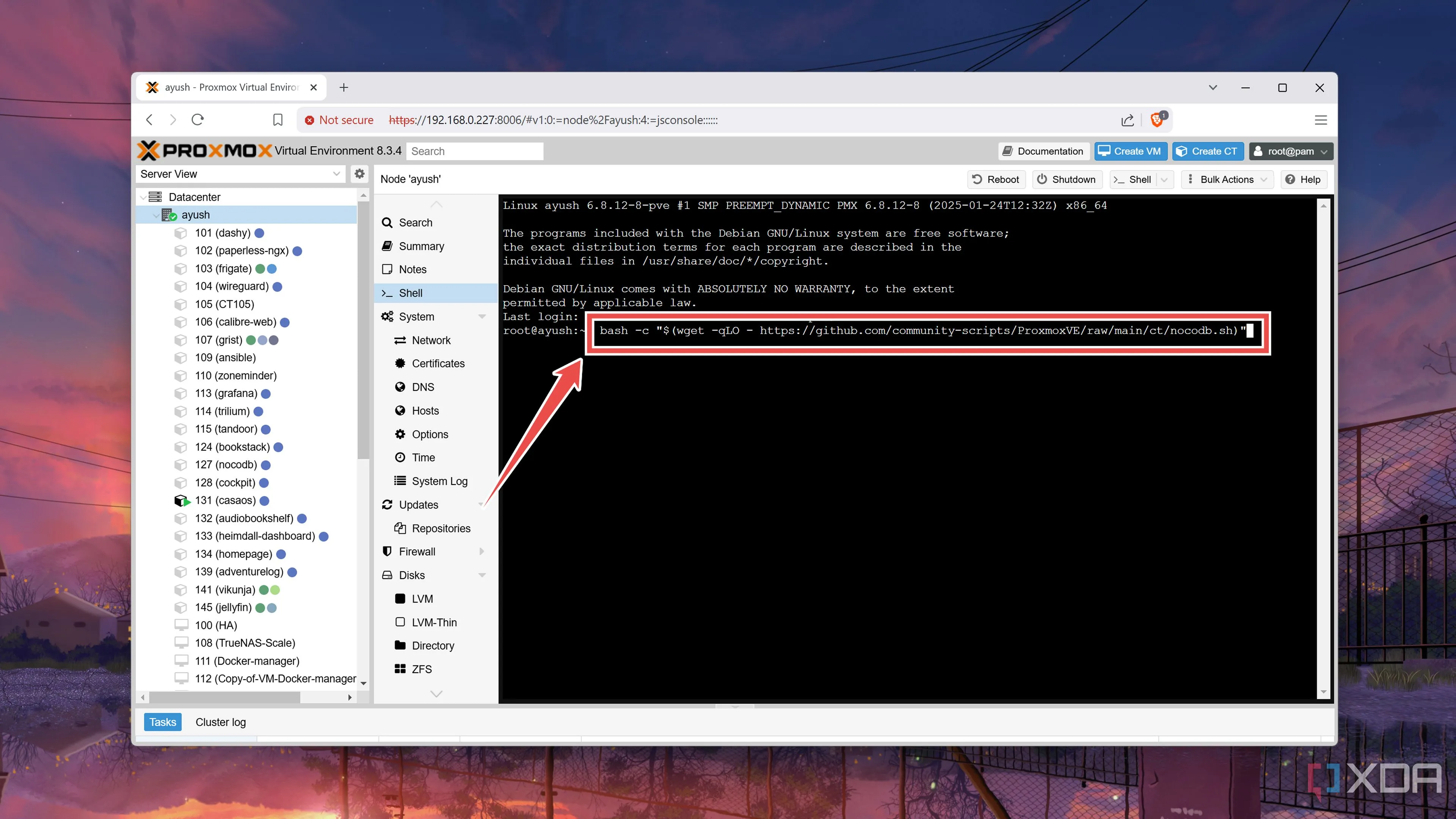 Nhập lệnh tạo container NocoDB trên Proxmox Shell