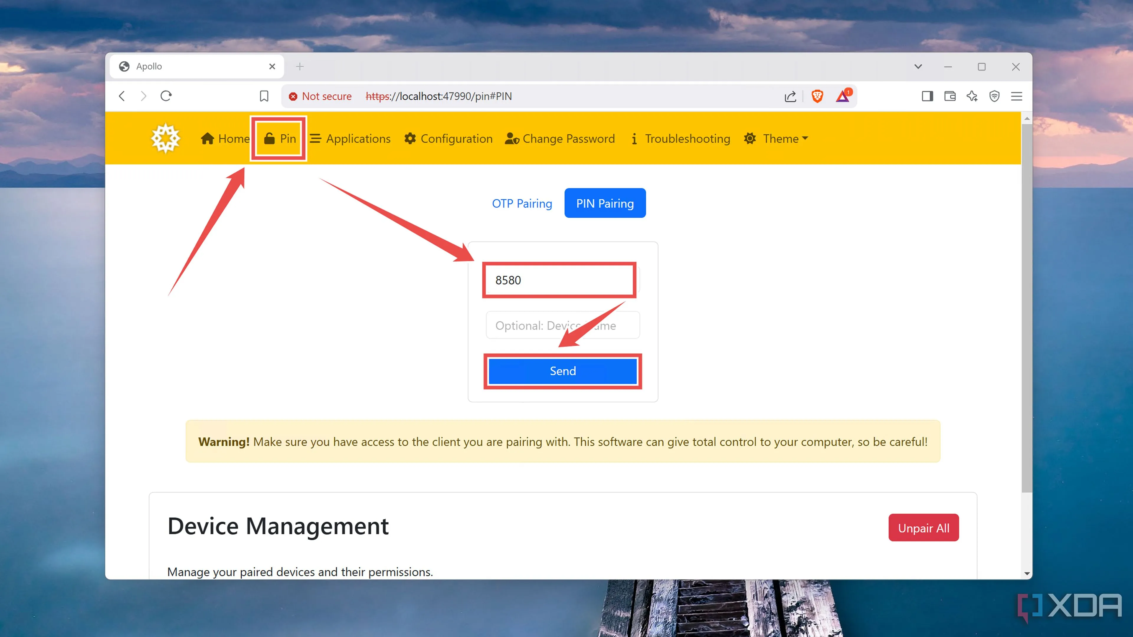 Nhập mã PIN 4 chữ số từ điện thoại vào Apollo web UI