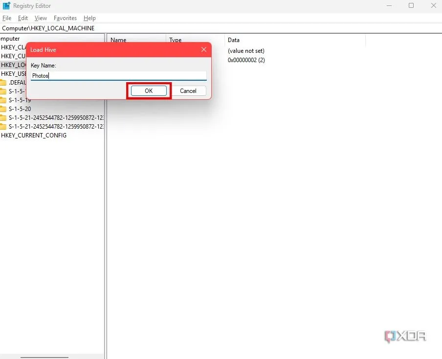 Nhập tên Key là Photos trong Registry Editor