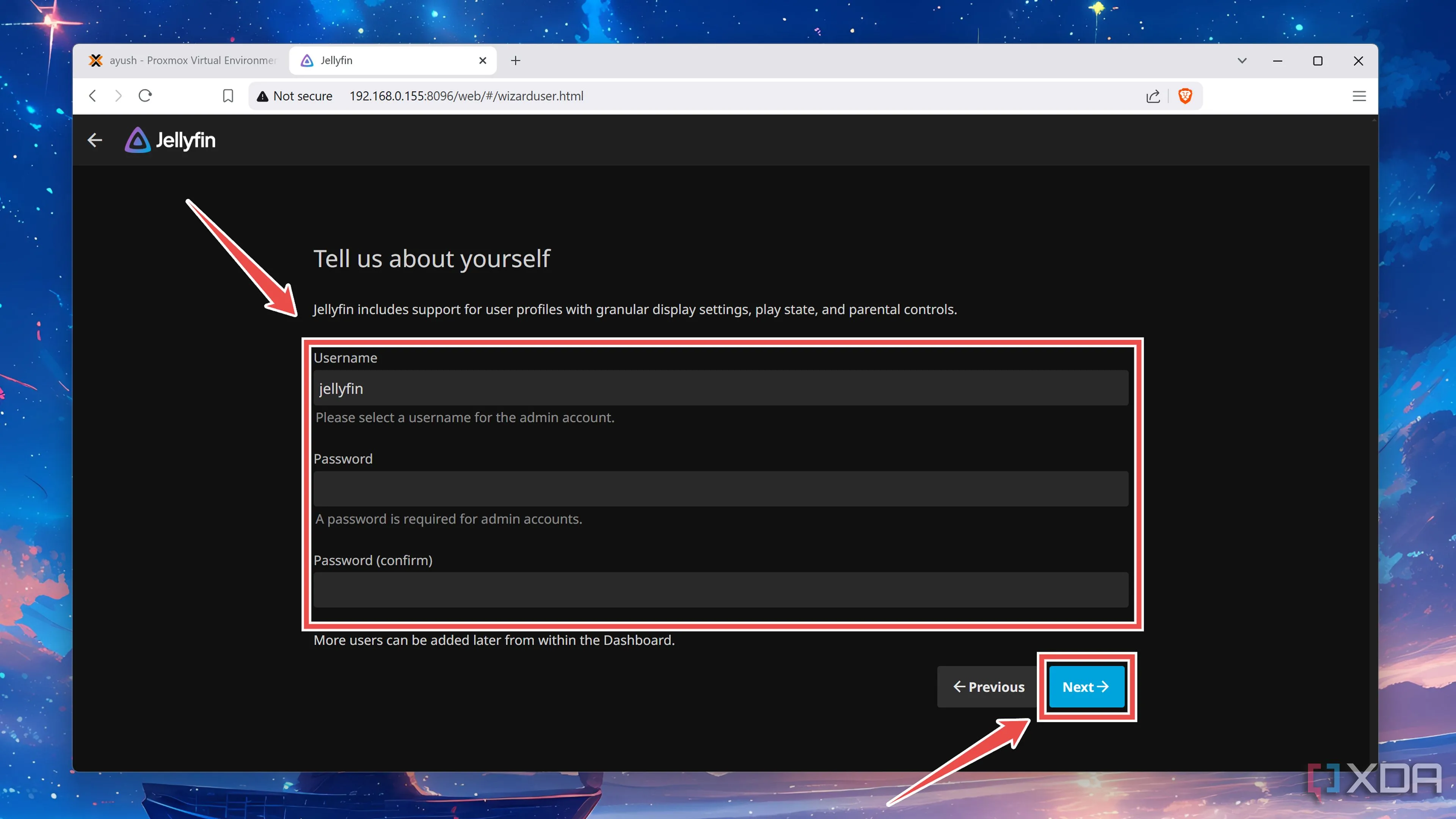 Nhập tên người dùng và mật khẩu cho tài khoản quản trị Jellyfin server