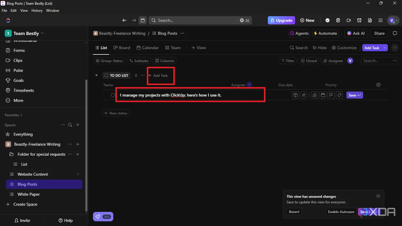 Nhấp vào &quot;Add Task&quot; để thêm một nhiệm vụ mới và nhập tên nhiệm vụ trong ClickUp.
